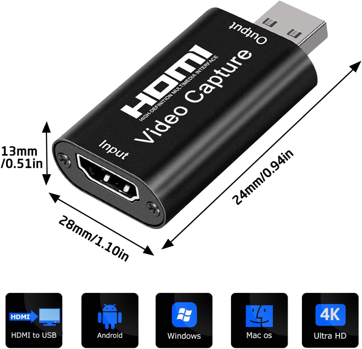 4K Video Capture Card, Cam Link Card Game Capture Card Audio Capture Adapter HDMI to USB 2.0 Record Capture Device for Streaming, Live Broadcasting, Video Conference, Teaching, Gaming(Black)