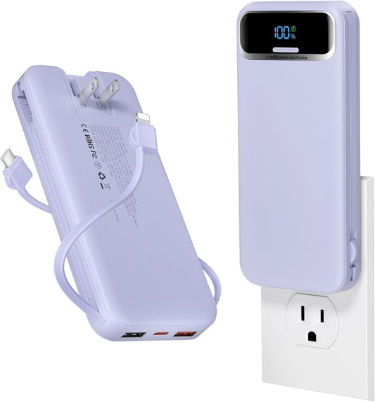 aonidi Portable Charger 12000mAh with Built-in Cables&AC Wall Plug, Purple | PD20W USB C Fast Charging,LED Display External Travel Power Bank,TSA approved Battery Pack for All iPhone,Samsung,Android