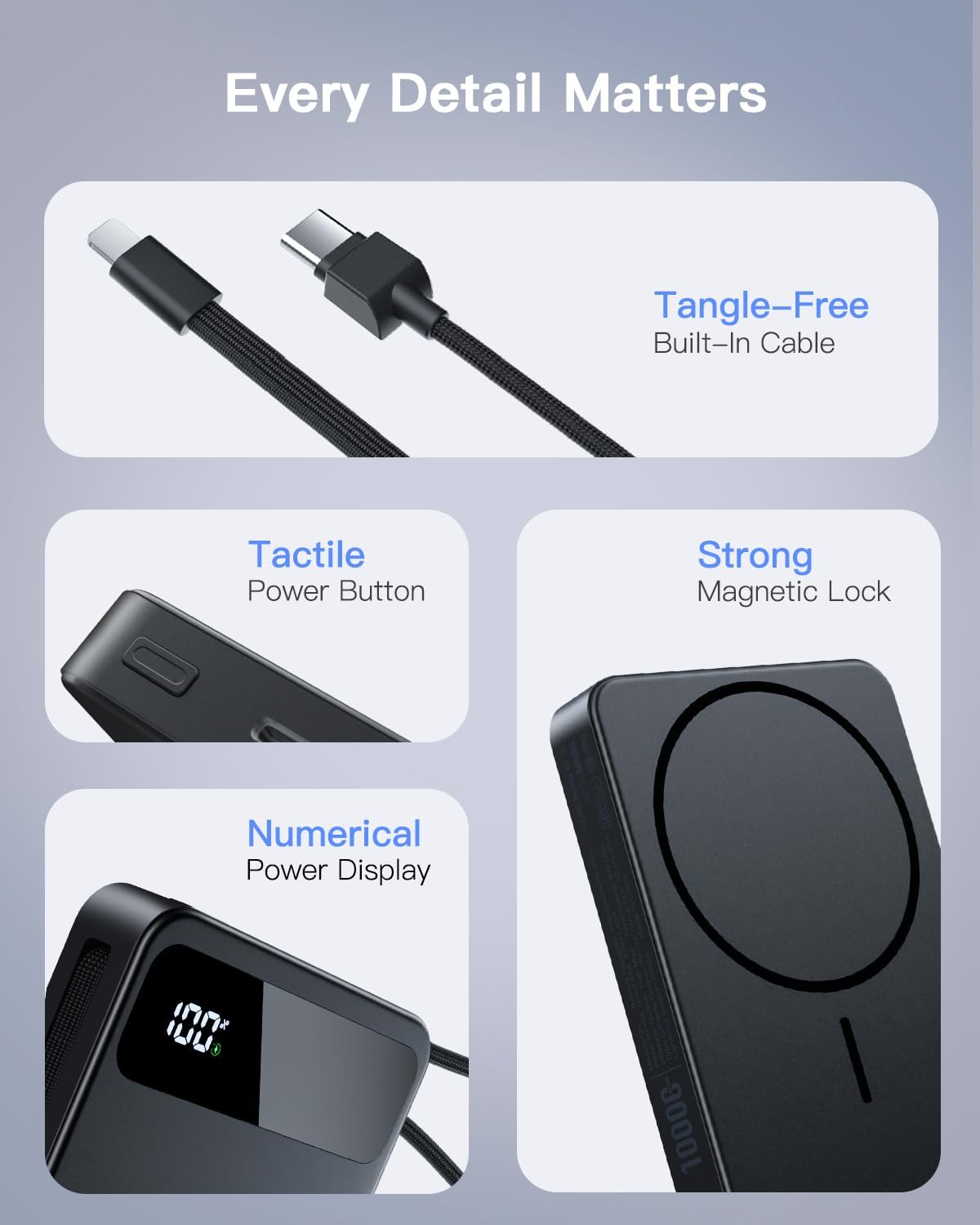 Magnetic Power Bank, 10,000mAh Wireless Portable Charger for Mag-Safe 15W Fast Charging, Battery Pack with USB-C Cable 20W in/Out for iPhone 17e/Air/17/16/15/14/13/12/Plus/Pro/Pro Max, AirPods & More