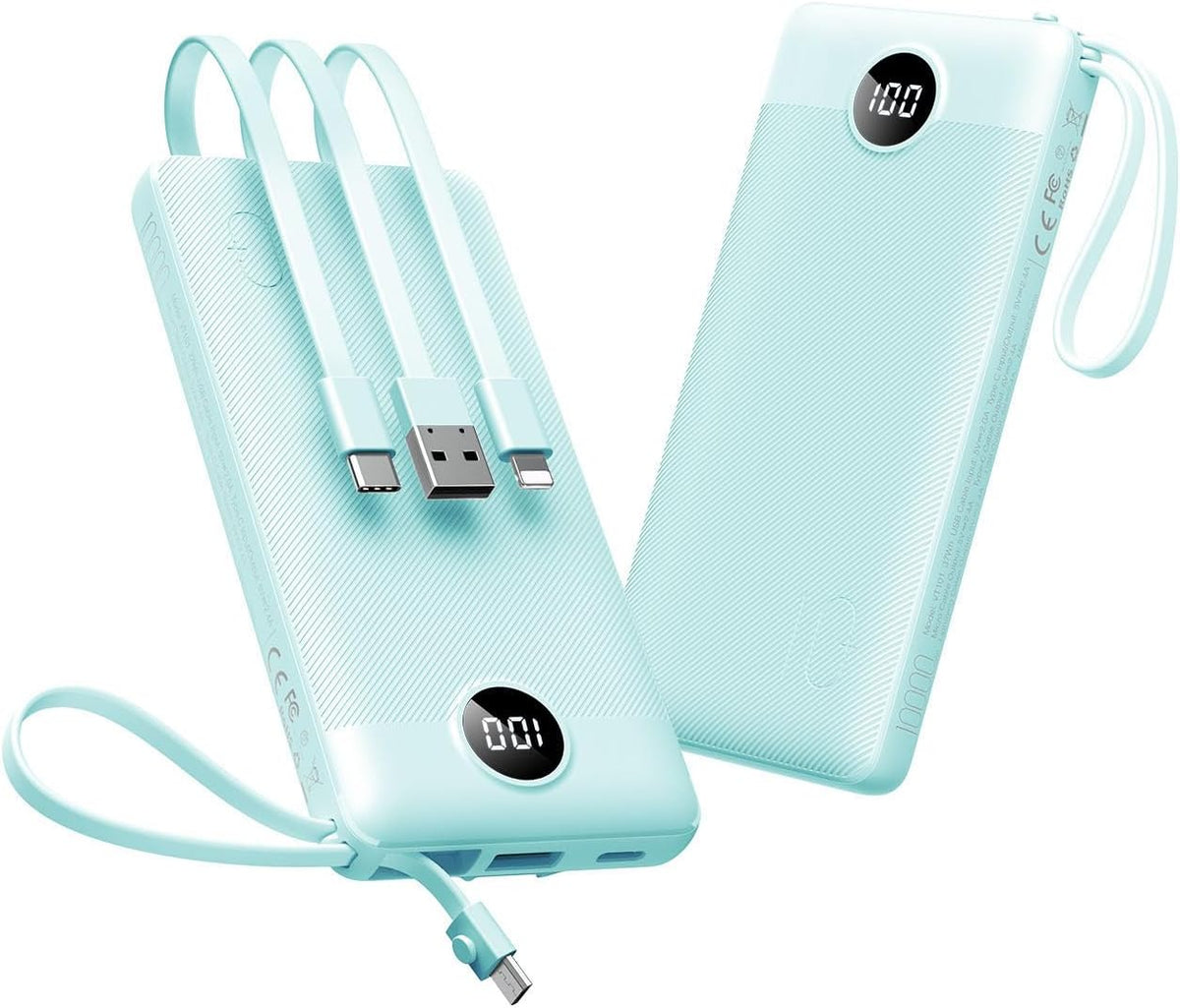 VEEKTOMX 10000mAh Portable Charger with Built-in Cables | Fast Charge Power Bank for iPhone 17/16/15 Samsung Android, USB C Battery Pack with iPhone Micro USB Travel Essentials, Blue