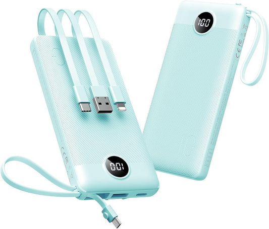 VEEKTOMX 10000mAh Portable Charger with Built-in Cables | Fast Charge Power Bank for iPhone 17/16/15 Samsung Android, USB C Battery Pack with iPhone Micro USB Travel Essentials, Blue