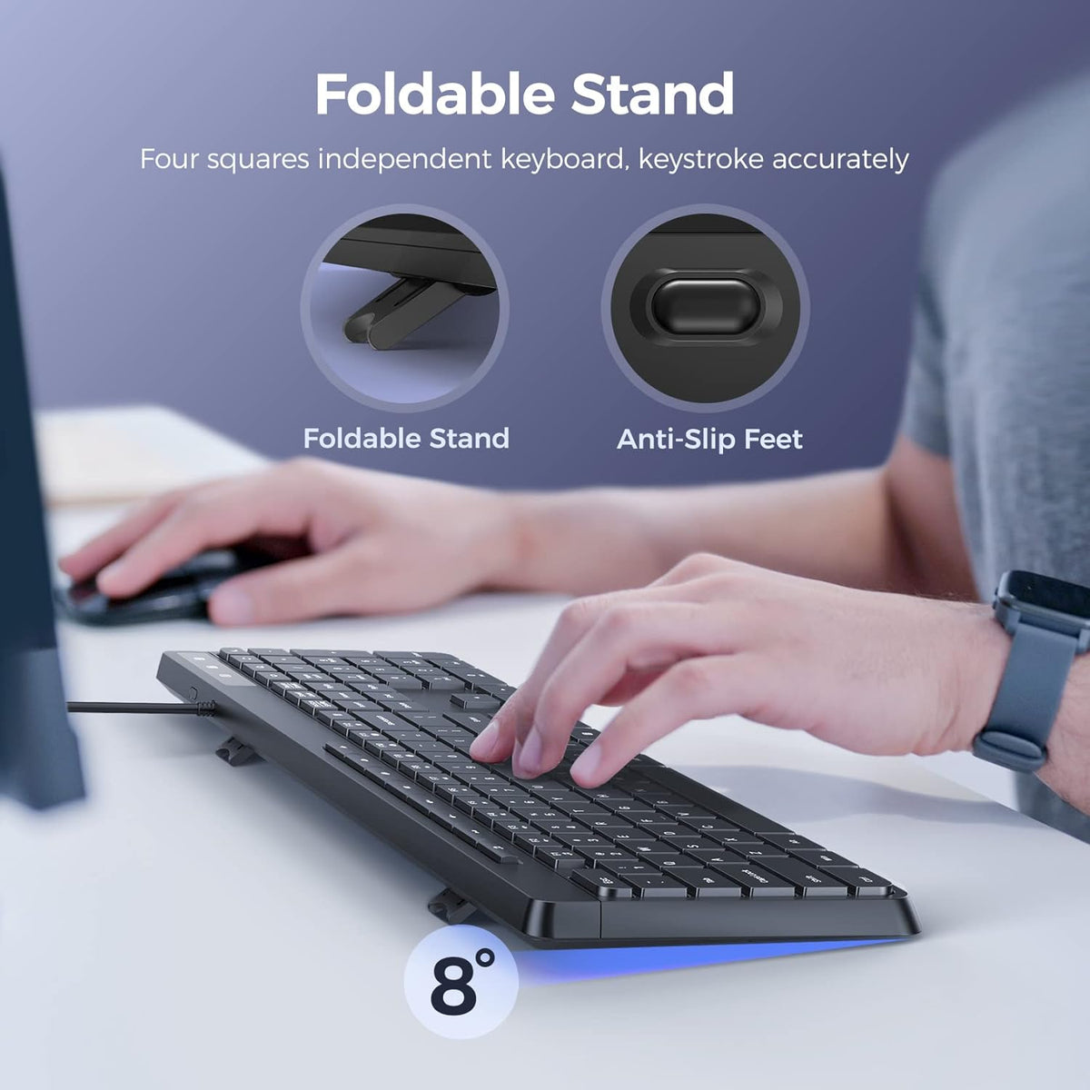Virfour Wired USB Computer Keyboard, Quiet Keyboard with Multimedia Keys | Virfour Silent Keyboard with Low Profile Chiclet Keys,Spill-Resistant, Anti-Wear Letters,Full Size for Laptop,Desktop