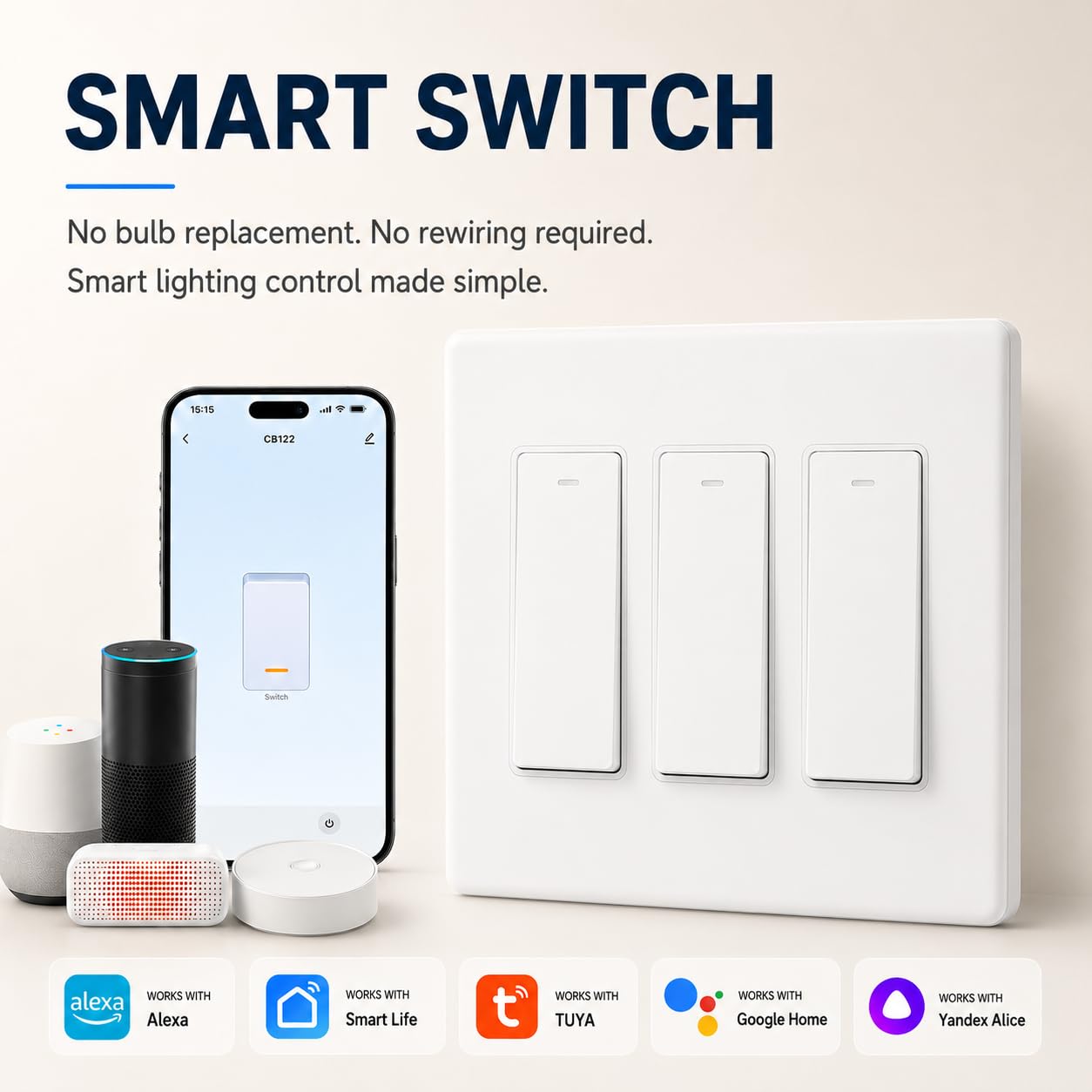 Smart Switch for Light 3 Gang, Neutral Wire Required, 2.4GHz Wi-Fi Switch Compatible with Alexa and Google Home, UL Certified