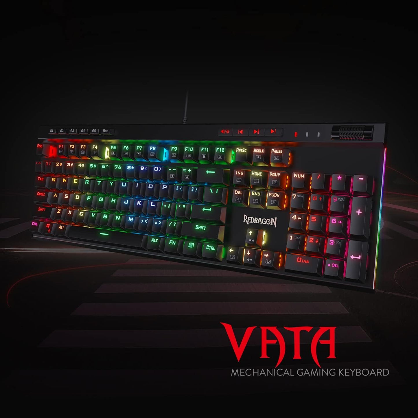 Redragon K580 Wired RGB Mechanical Gaming Keyboard, Macro Key & Media Wheel | 5 On-Board Keybinding Buttons for MMO MOBA Games, Dedicated Media Controls, Classic Tactile Blue Switch for Hype Typing Feel