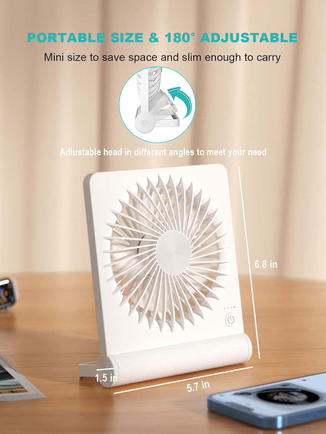 Desk Fan, Rechargeable Battery Operated, 3 Speeds Ultra Quiet Strong Wind | USB-C powered,180° tilt folding.25dB quiet.2000mAh battery:12/8.5/4.5hrs.Portable,personal fan for desk,office,home,bedroom.