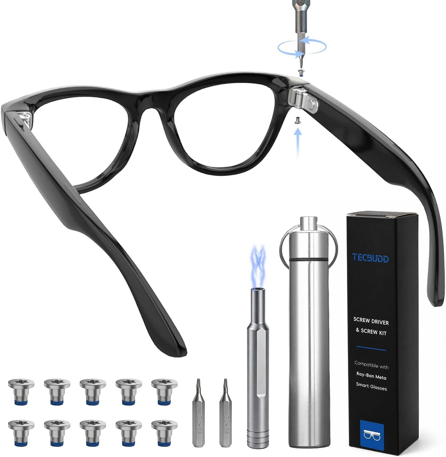 Screwdriver & Screw Kit for Ray-Ban Meta & Oakley Meta Gen 1/2 | Magnetic Eyeglass Temple Repair Tool Set with 10 Screws, Metal Case for Wayfarer Skyler Headliner Display HSTN