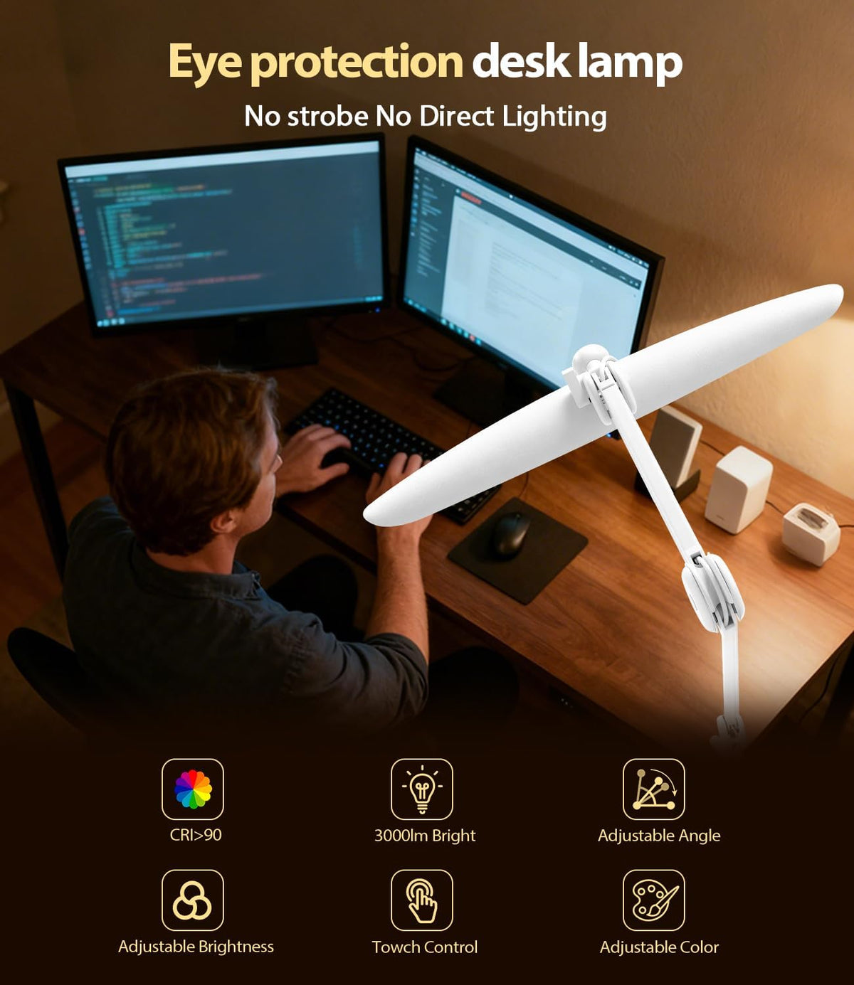 Led Desk Lamp with Clamp, Eye Caring Architect Desk Light for Home Office, Dual Screen Computer Monitor Gooseneck Adjustable Arm 20" LED Lamp, Stepless Dimming, for Nails &Salon, Reading, Workbench