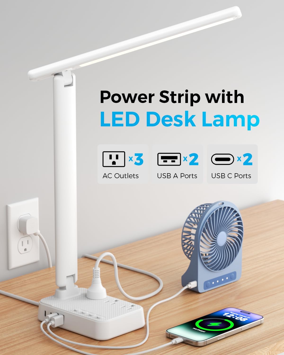 LED Desk Lamp with Power Strip, 3 AC Outlets, 4 USB Ports, Stepless Dimming