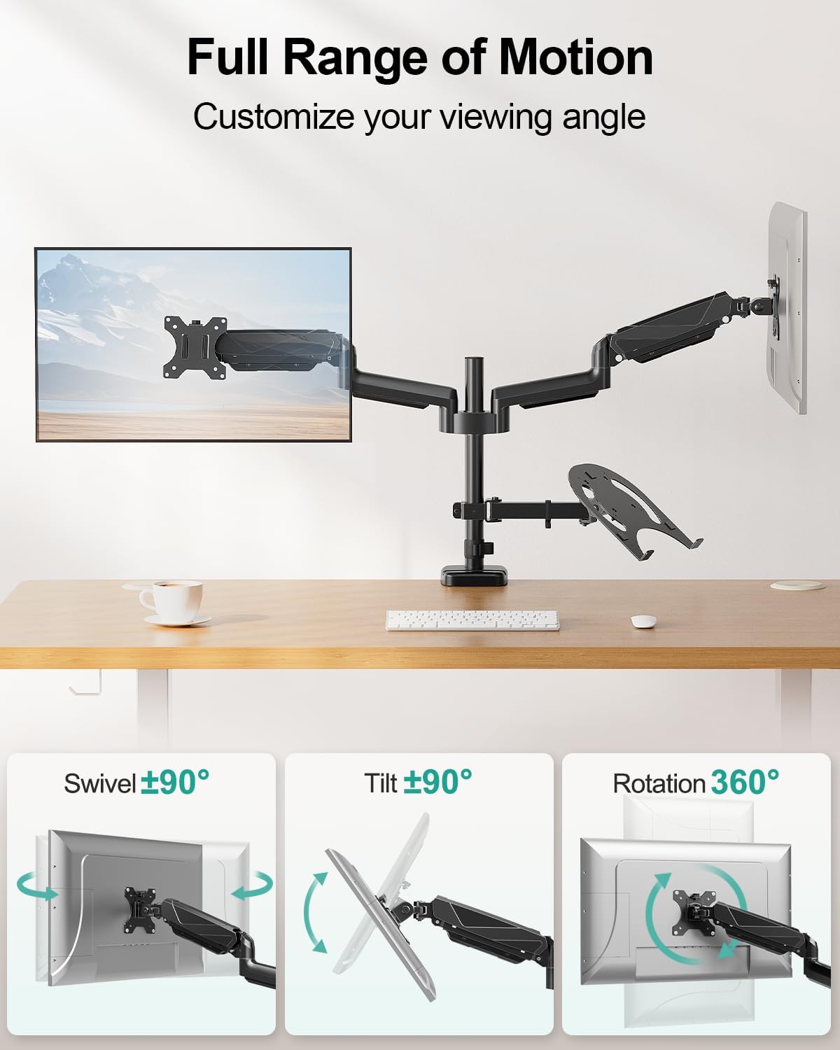 MOUNT PRO Monitor and Laptop Mount for 2 Max 27" Computer Screens, Laptop Tray Fits 10-17inch Notebook, 3-in-1 Adjustable Laptop and Monitor Desk Mount with VESA Bracket 75/100mm
