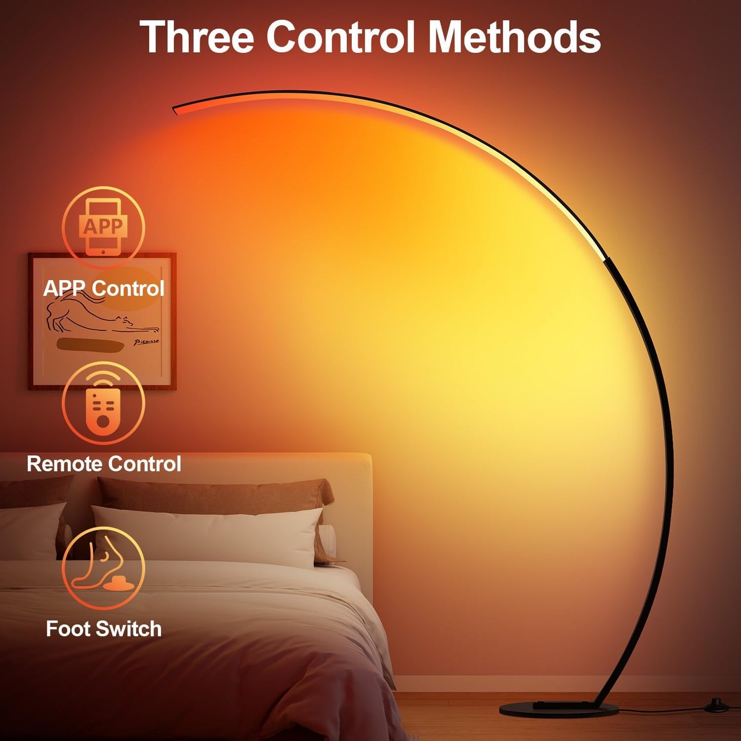 RGB Floor Lamp with 3 Color Temperatures, Ultra Bright 1800LM Smart Arc LED Floor Lamp with Remote Control, Music Sync, Scene Modes, Modern Standing Tall Lamp for Bedroom Living Room Gaming Rooms
