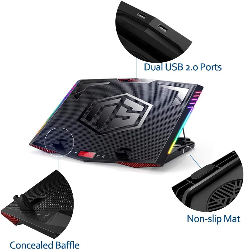 MeFee RGB Laptop Cooling Pad for 15.6-21 Inch Professional Gaming Laptop Cooler with 6 Quiet Fans and Button Control, Pure Metal Panel Portable Cooler