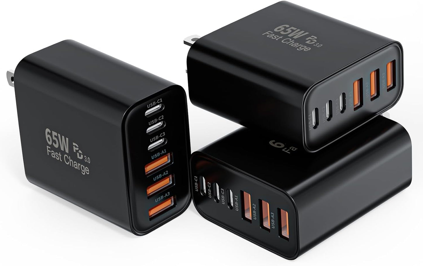 3 Pack 65W GaN Type C Wall Charger Block,6-Port Fast Charging Block,PD USB C Plug Adapter+QC Plug Compatible with Apple iPhone 17/17 Air/16E/16Pro Max/16Plus/16/15/14/13/12/11/XS Max,iPad Pro,AirPods