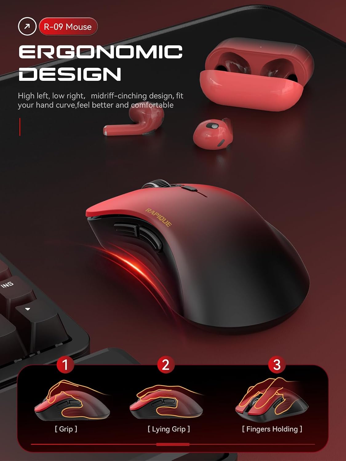 RAPIQUE Bluetooth Wireless Mouse, Dual Bluetooth & 2.4 GHz, Gradient Red | Quiet Clicks, Right-Hand Ergonomic 6 Button, Adjustable DPI, AA Battery, 3-Device Switching for Laptop, PC, Tablet, MacBook