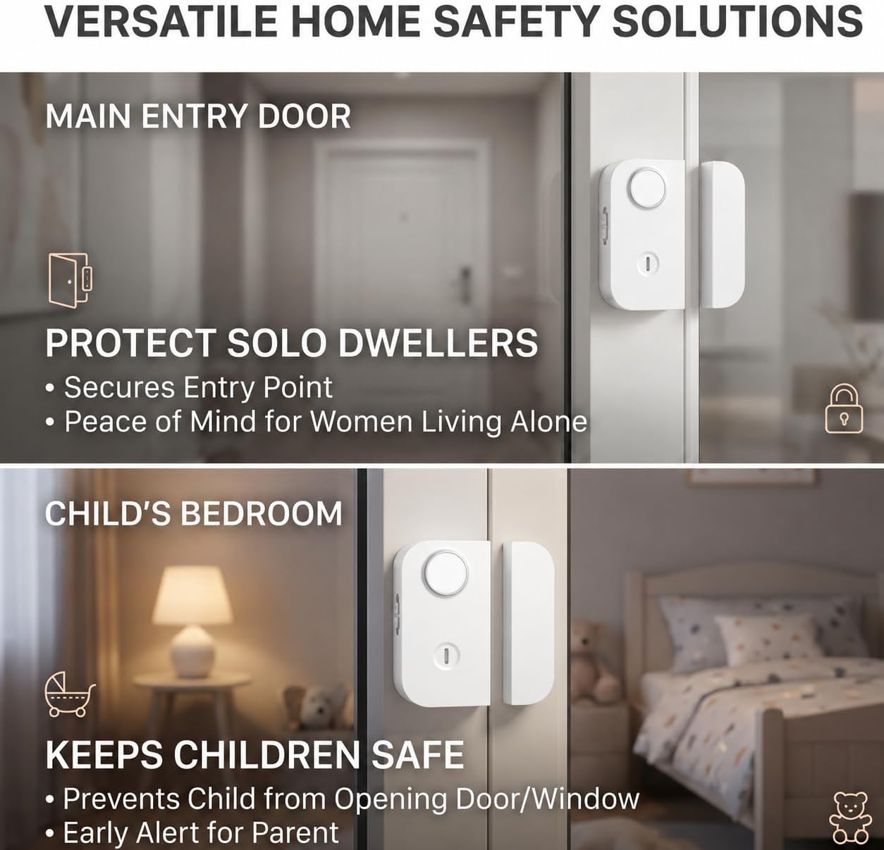 Premium Door Window Alarm with 130dB Siren & Blinding Strobe Light, Rechargeable Smart Dual-Mode Security Sensor for Travel, Hotel, & Home, Washable Nano-Adhesive Drill-Free Installation