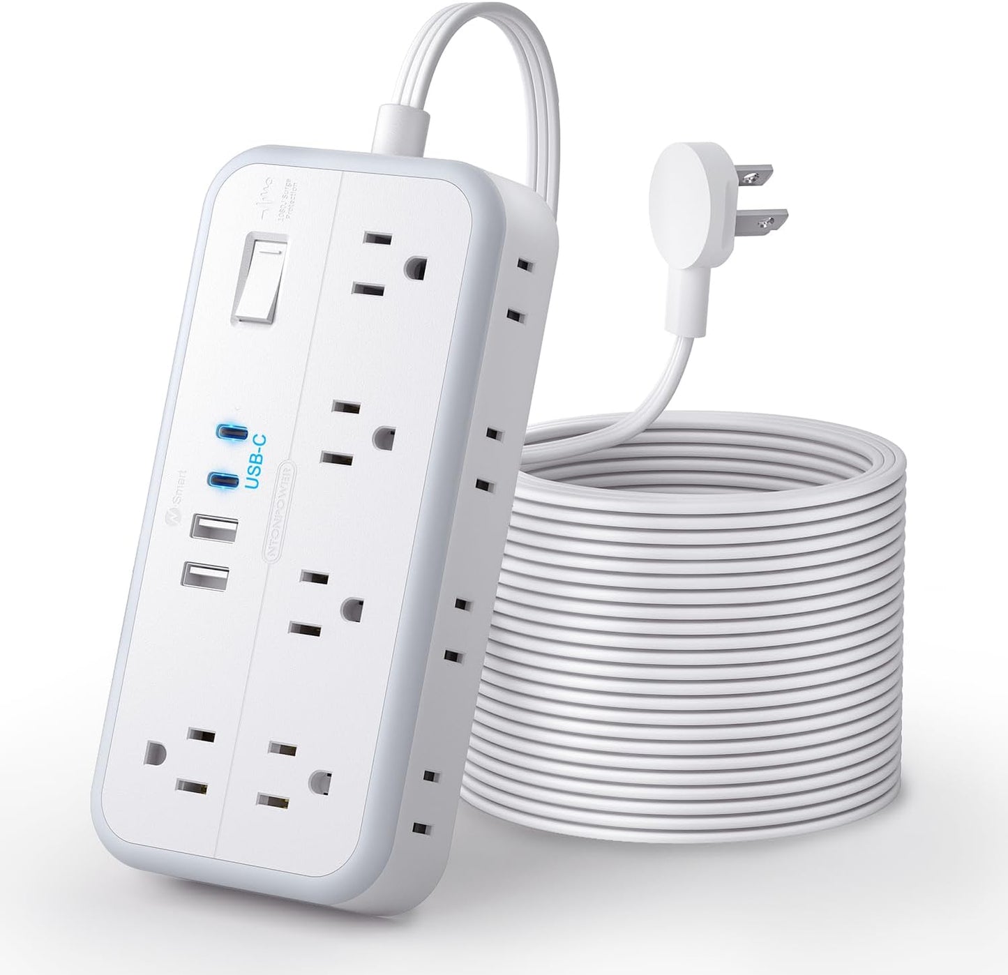 Flat Extension Cord 25 FT, NTONPOWER Long Power Strip, 10 Outlets 4 USB Ports (2 USB C), 3 Side 3 Prong & 2 Prong, Overload Protection, Flat Plug Wall Mount, White, SurgePro