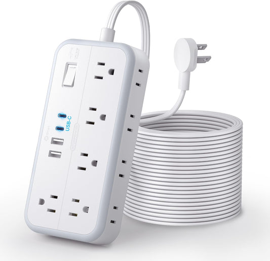 Flat Extension Cord 25 FT, NTONPOWER Long Power Strip, 10 Outlets 4 USB Ports (2 USB C), 3 Side 3 Prong & 2 Prong, Overload Protection, Flat Plug Wall Mount, White, SurgePro