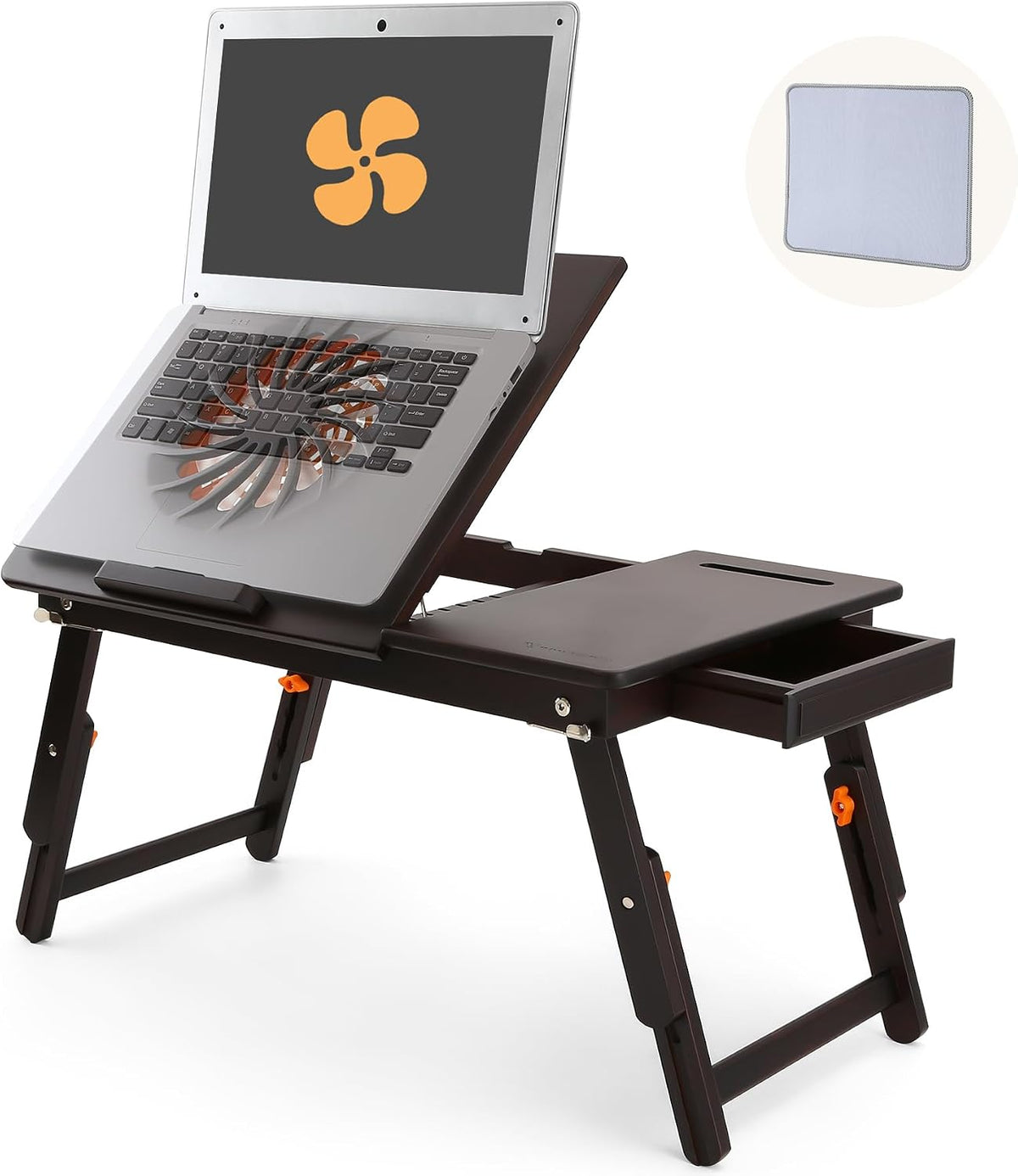 Nnewvante Laptop Desk with Fan 7 Angles & 4 Heights Adjustable,Black Walnut | Bamboo Foldable Lap Desk with Drawer, Phone Slot for Bed Floor