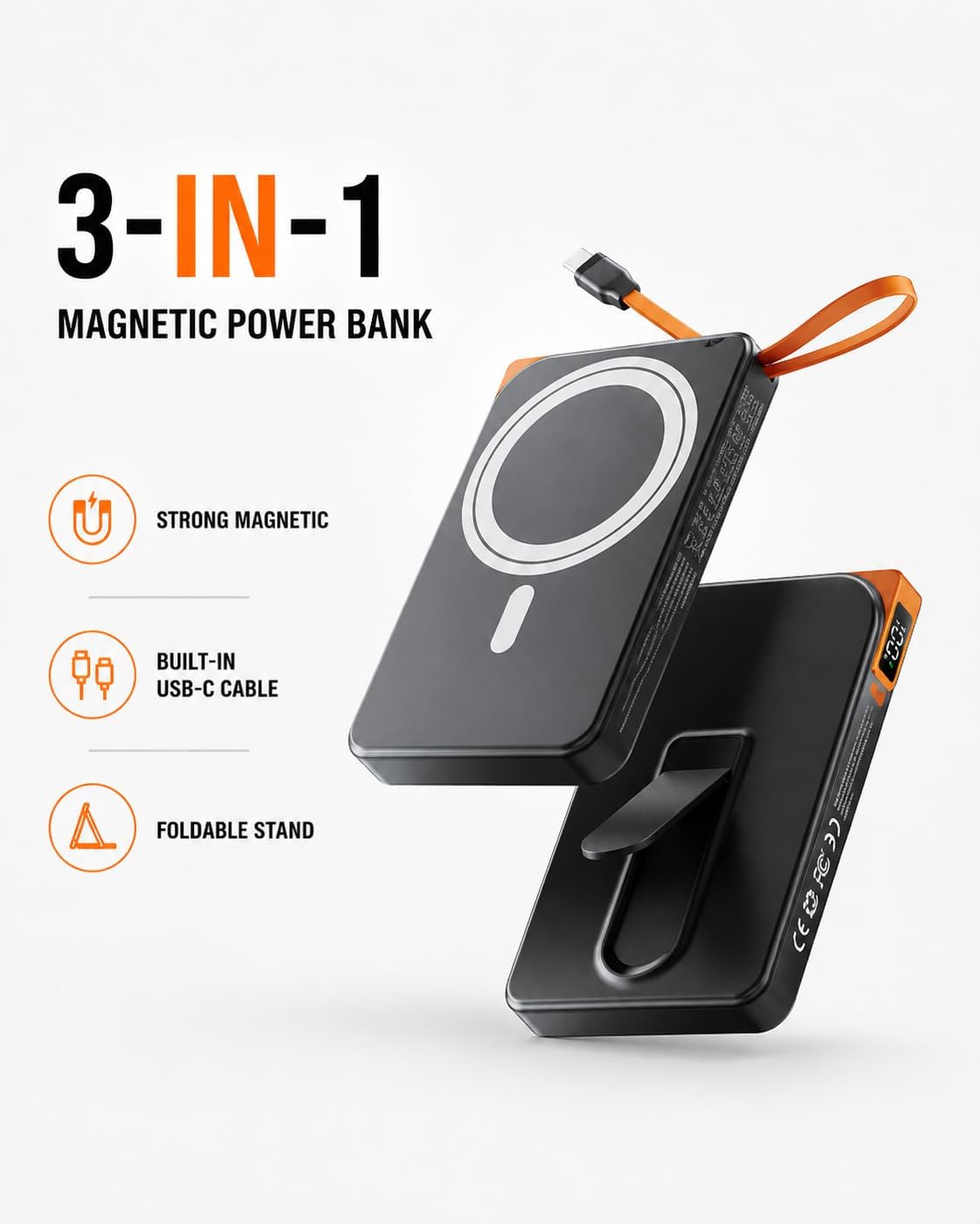 for Magsafe Power Bank iPhone, Magnetic Portable Charger 10000mAh | Built-in USB C Cable, Foldable Stand for Viewing, Up to 22.5W Fast Charging, Travel & Daily Use for iPhone 12-17 Pro/Pro Max