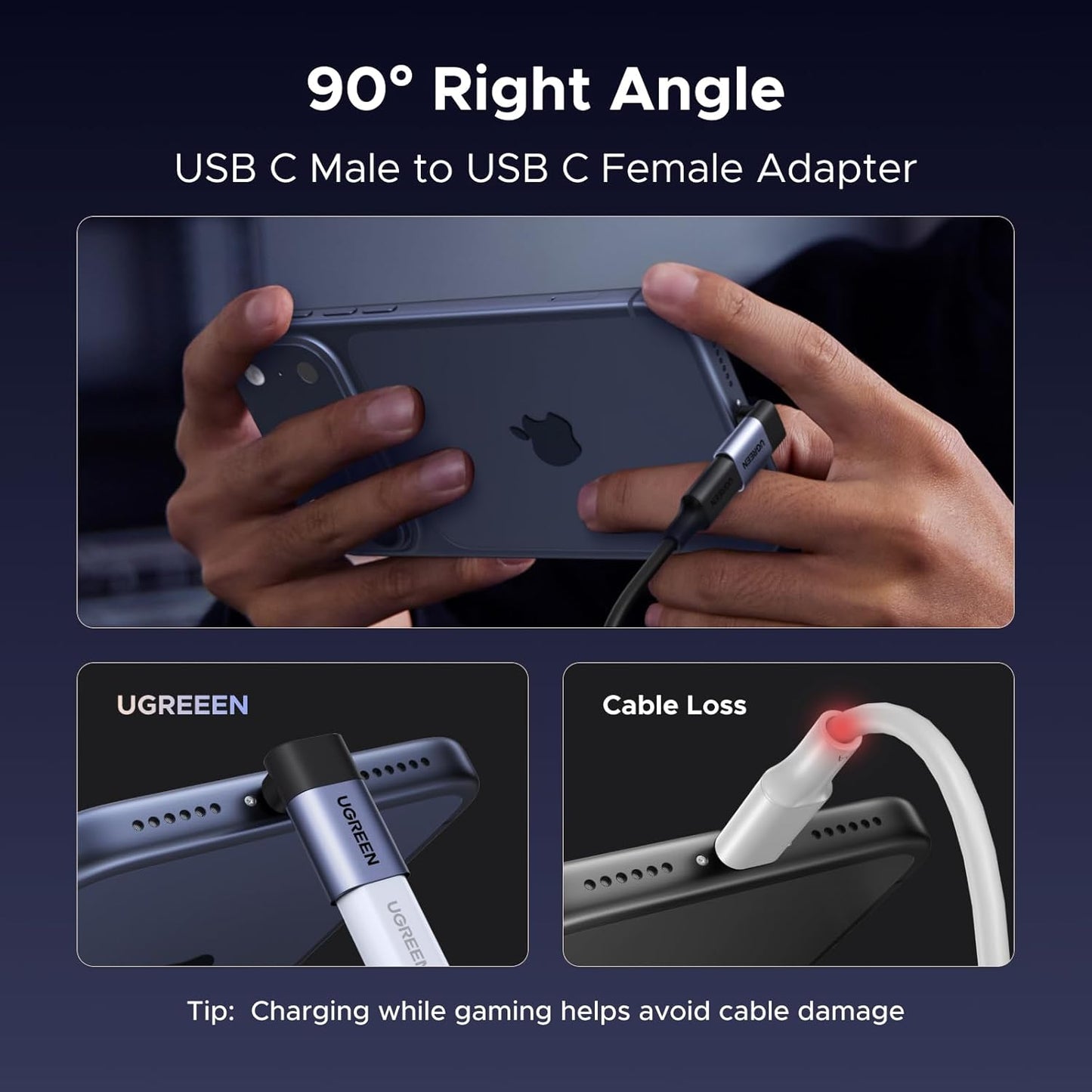UGREEN 90 Degree USB C Adapter 3 Pack, Right Angle Male to Female Converter | 40Gbps, 240W, 8K 60Hz, Compatible for Steam Deck, ROG Ally, Switch 2, MacBook, iPhone 17/16, iPad, Thunderbolt 4, Quest 3