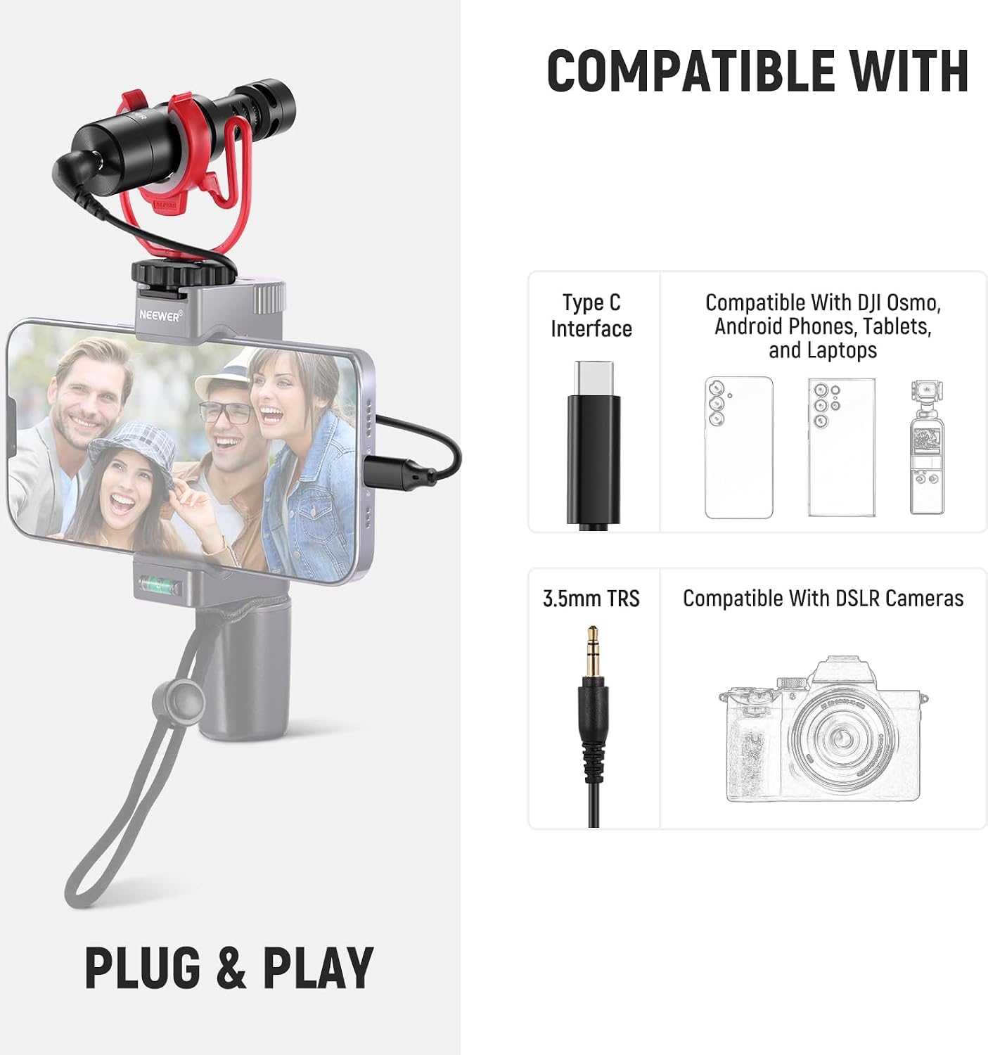 NEEWER Plug & Play Vlog Microphone for Camera, 20-20KHz Mini Supercardioid Mic Compatible with Sony Canon Nikon iPhone Samsung Android Tablet Mac with 3.5mm TRS USB C OTG Shock Mount Windscreen, VM10
