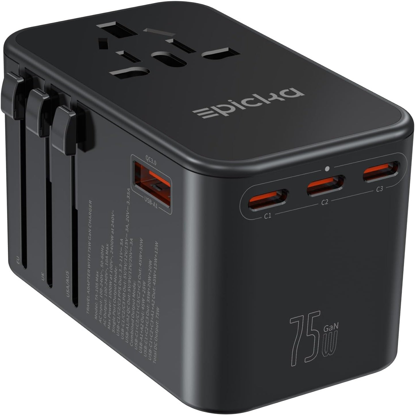 Epicka 70W GaN PD Universal Travel Adapter, 3USB-C/2USB-A | International Power Adapter for EU/US/UK/AU, PD Fast Charging for Multi-Device Travel, TA-105 Pro, Black