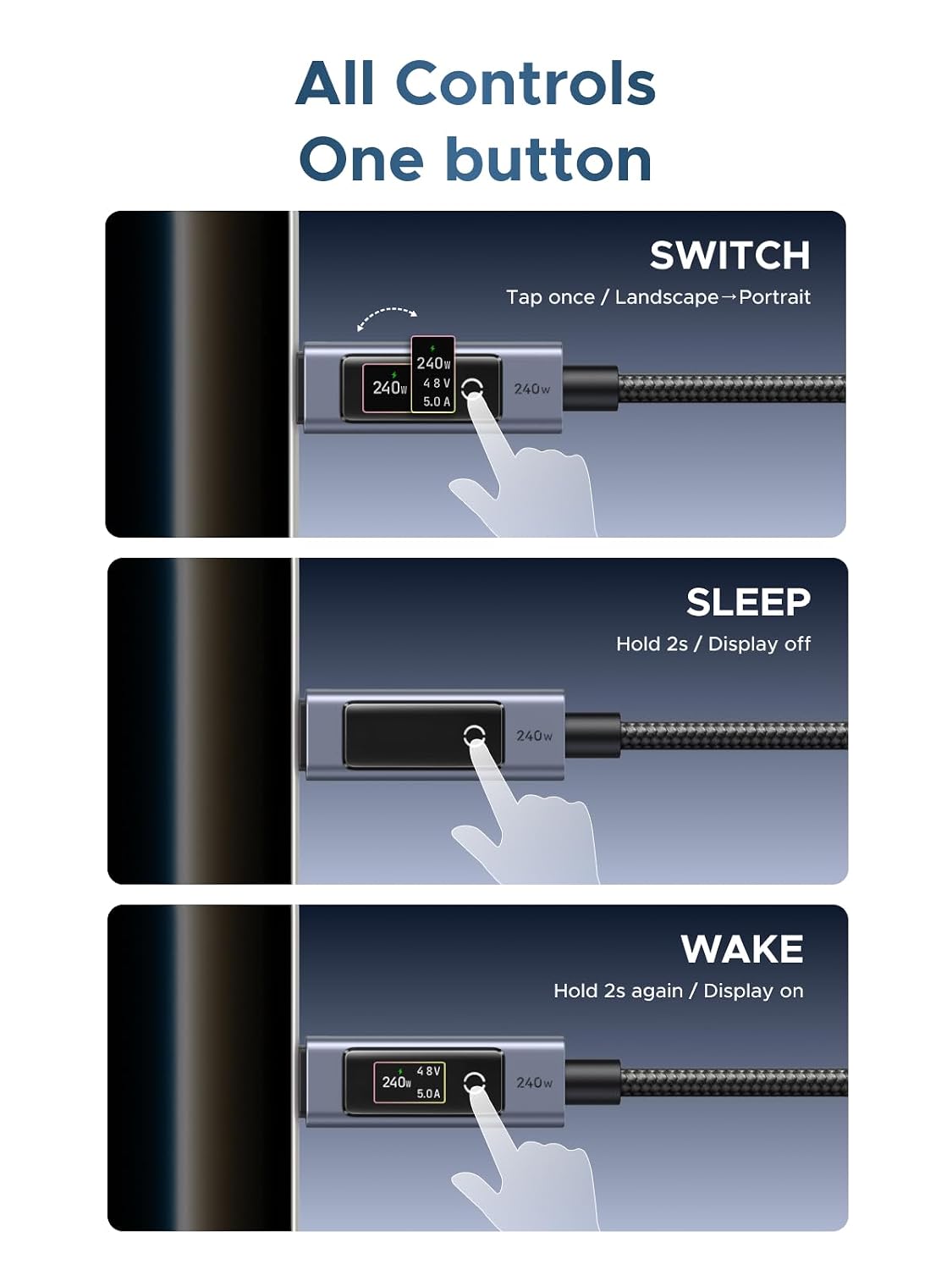 UGREEN Nexode 240W USB-C to USB-C Cable with TFT Smart Display, 3.3ft