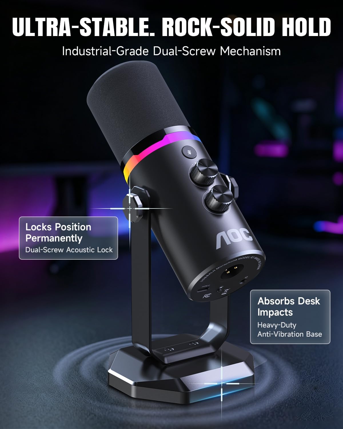AOC USB/XLR Dynamic Microphone for PC Gaming, Podcast & Recording, Dual-Mode RGB Mic& Streaming Vocal Gear with Heavy-Duty Desk Stand, Clicky Mute, 7.5ft USB & 6.5ft XLR Cables Included