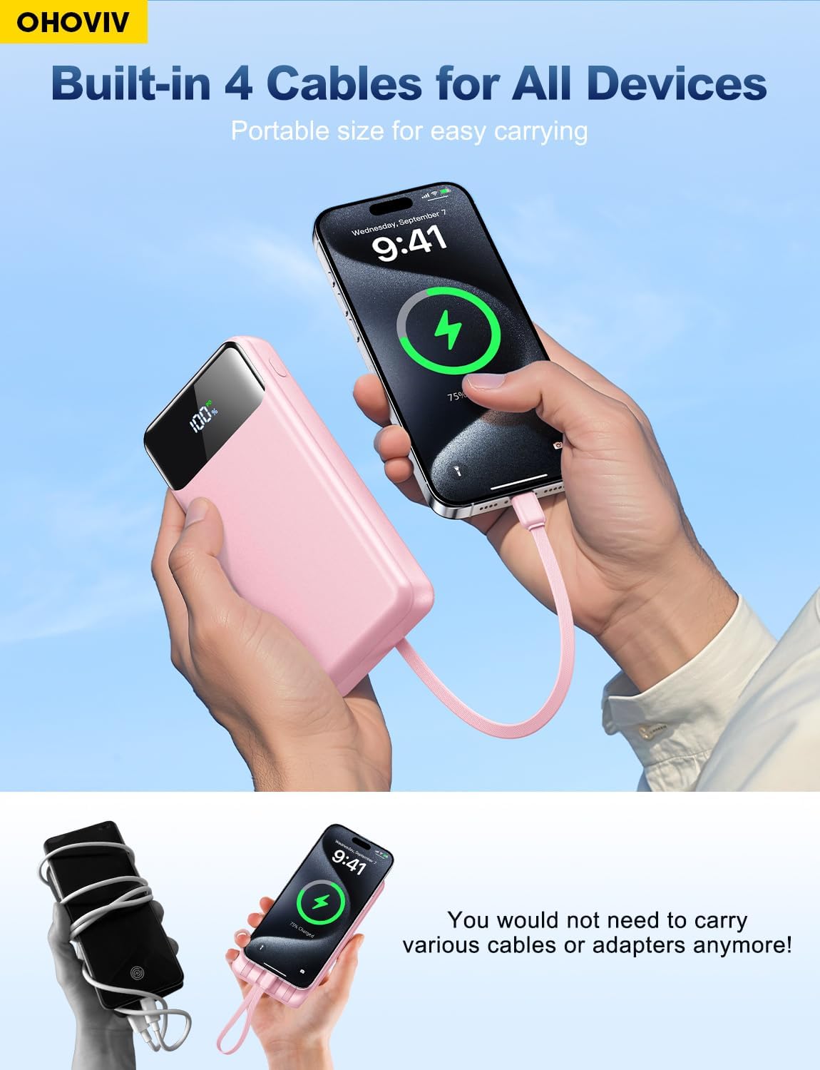 OHOVIV Portable Charger Power Bank 50000mAh,4 Built-in Cables Battery Pack | 22.5W Fast-Charge,55% in 30mins,10 Times for iPhone,Camping Travel Essential,Compatible with iPhone,Samsung,Tablet,Pink