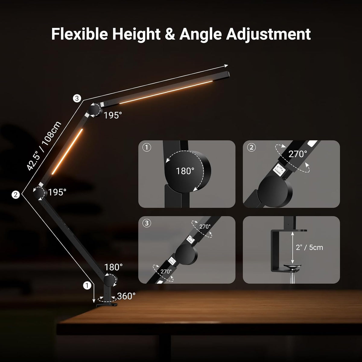 NEEWRE Basics 12W 42.5" Clip On LED Lamp with Dual Light Bar, CRI95+ Bi Color Aluminum Alloy Table Architect Light Dimmable for Home Office Monitor Computer Video Conference Desk Drafting, ME-DL02