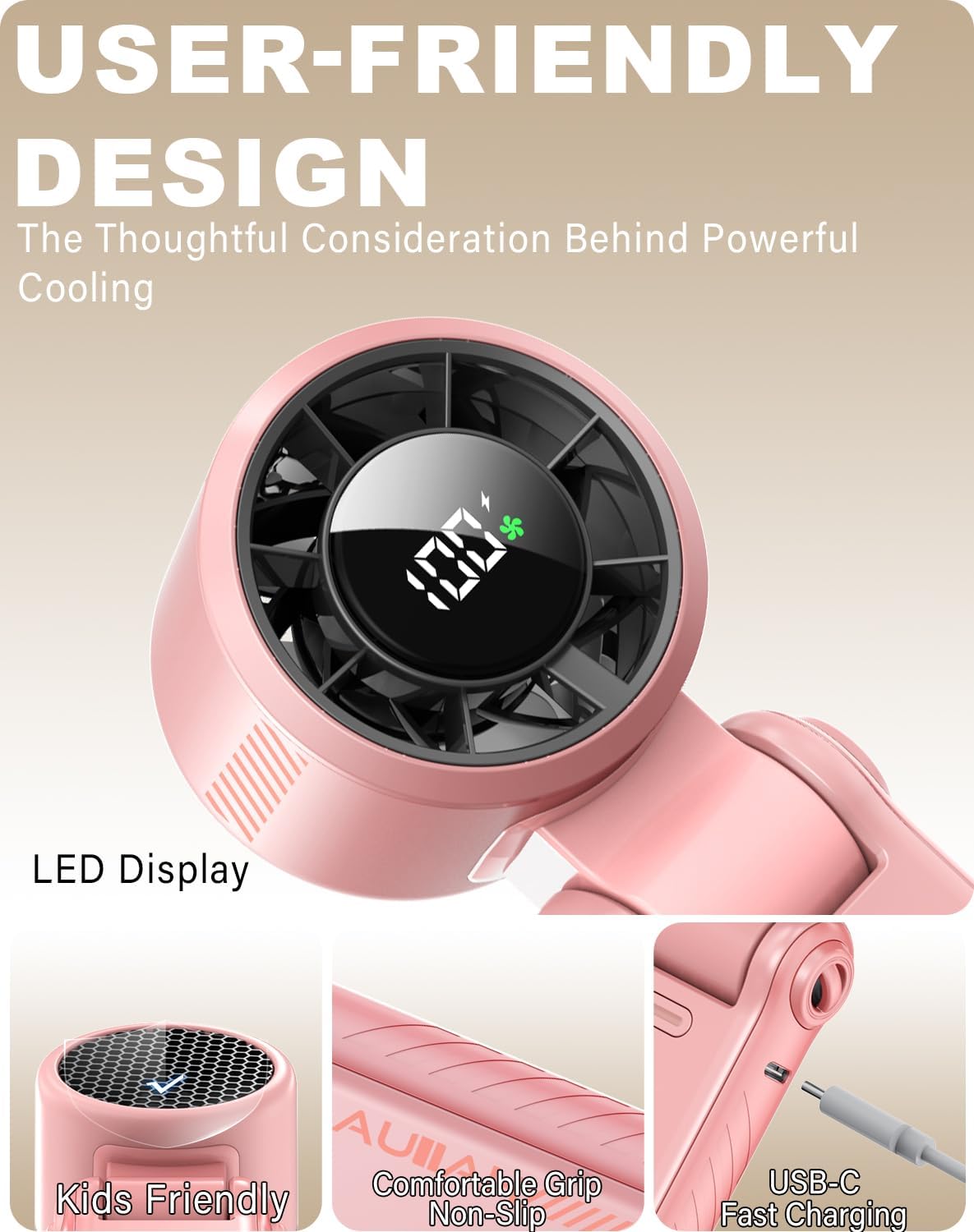 Portable Handheld Turbo Fan - 5 Speed Mini Personal Fan with Strong Airflow, Foldable 3 in 1 Rechargeable Battery Operated Trave Essentials Hand Fans for Indoor/Outdoor Use, Pink