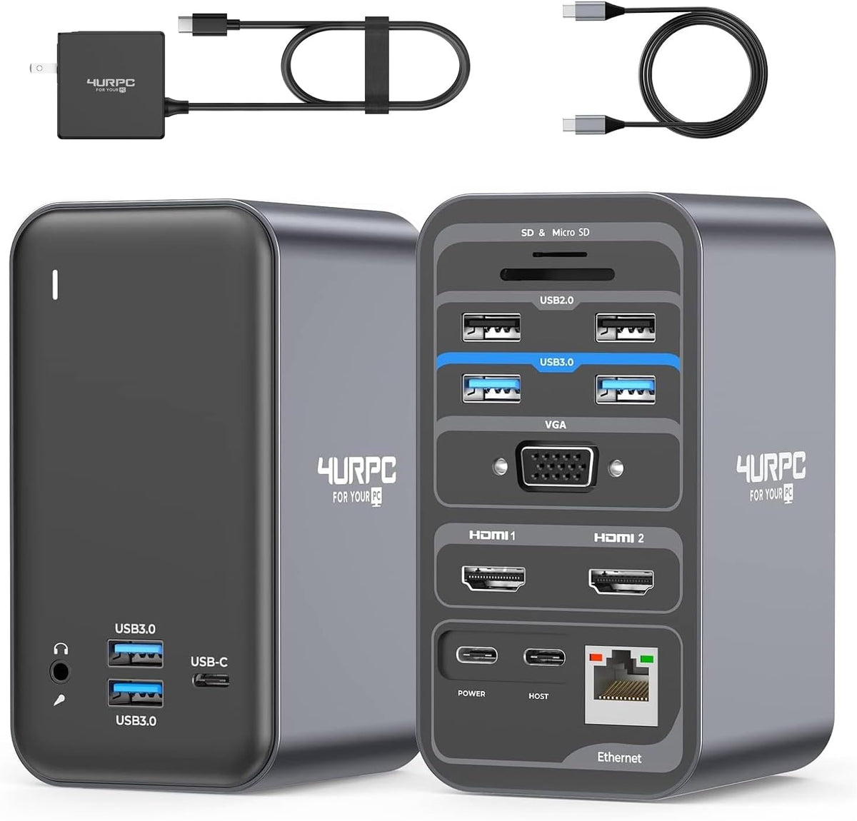 4URPC USB C Docking Station Dual Monitor 7 USB A/C, Plug and Play