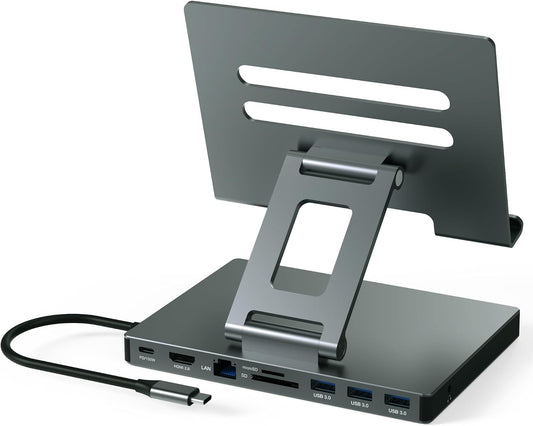 2026 iPad Pro USB C Hub Stand, Adapter for iPad Air M5 M4 M3 13 11 12.9 Inch Docking Station 4K 60Hz HDMI, RJ45 Ethernet, SD/TF Card Reader, 3 USB 3.0 Port, 3.5mm Audio, iPad A16 Galaxy Tablet Dock