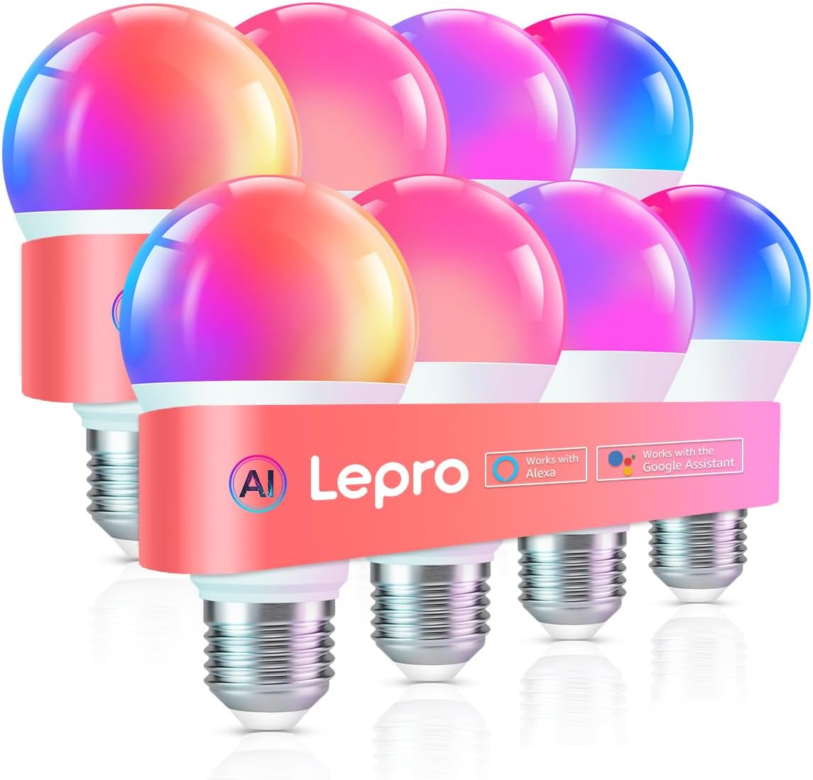 Lepro B1 AI Smart Light Bulbs A19 E26 RGBWW WiFi Bluetooth 8 Pack for Home