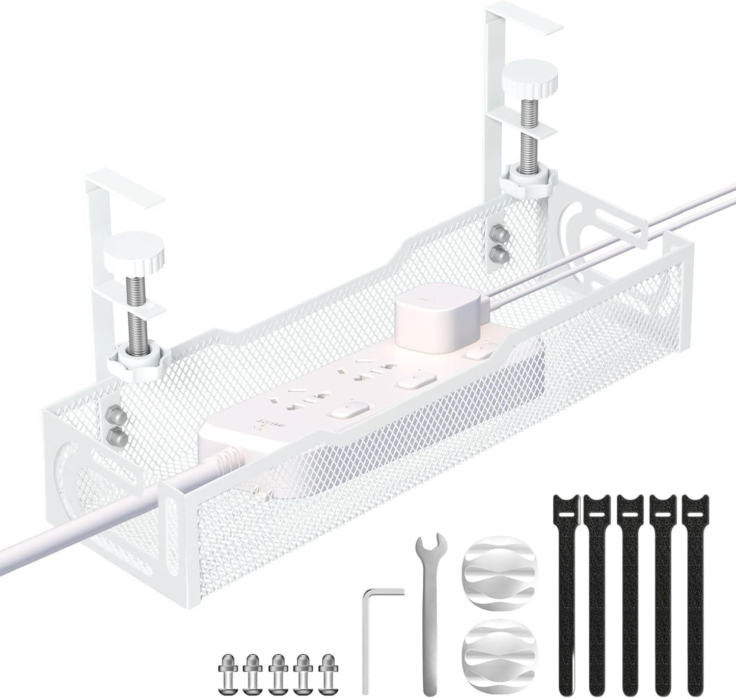 Under Desk Cable Management Tray, No Drill Mesh Desk Cable Tray, Wire Management Tray Cable Management Rack, Cord Organizer and Cable Management Box (White)