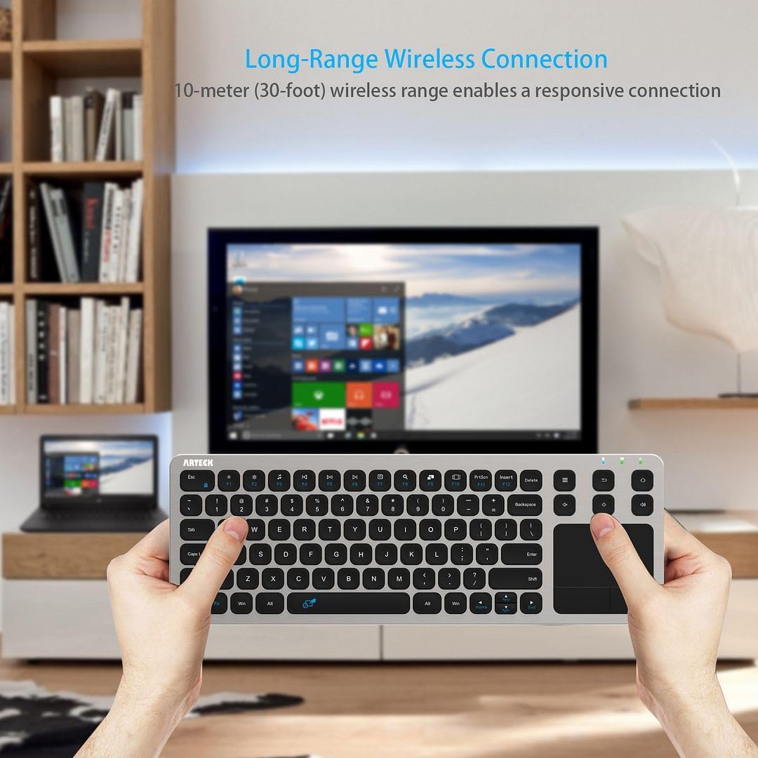 Arteck 2.4G Wireless Touch TV Keyboard with Easy Media Control and Built-in Touchpad Mouse Solid Stainless Ultra Compact Full Size Keyboard -Connected Computer, Smart TV, HTPC