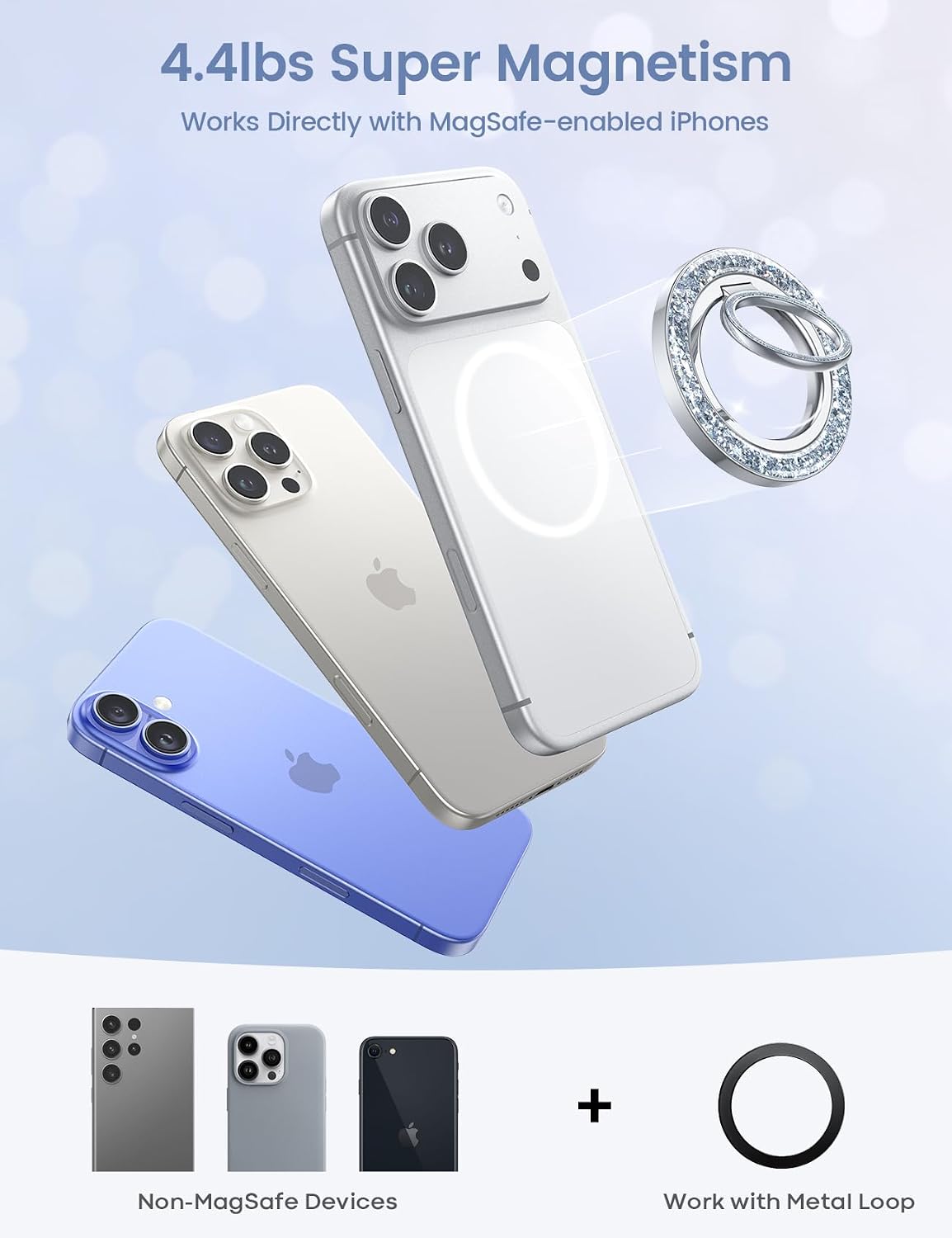 Lamicall Magnetic Phone Ring for MagSafe, Super Magnet Glitter Silver Grip | 360° Rotating Durable Gear Hinge, Stylish Ring Stand for iPhone 17 16 15 Pro Max Air, Mag Safe Decor Accessories for Mother