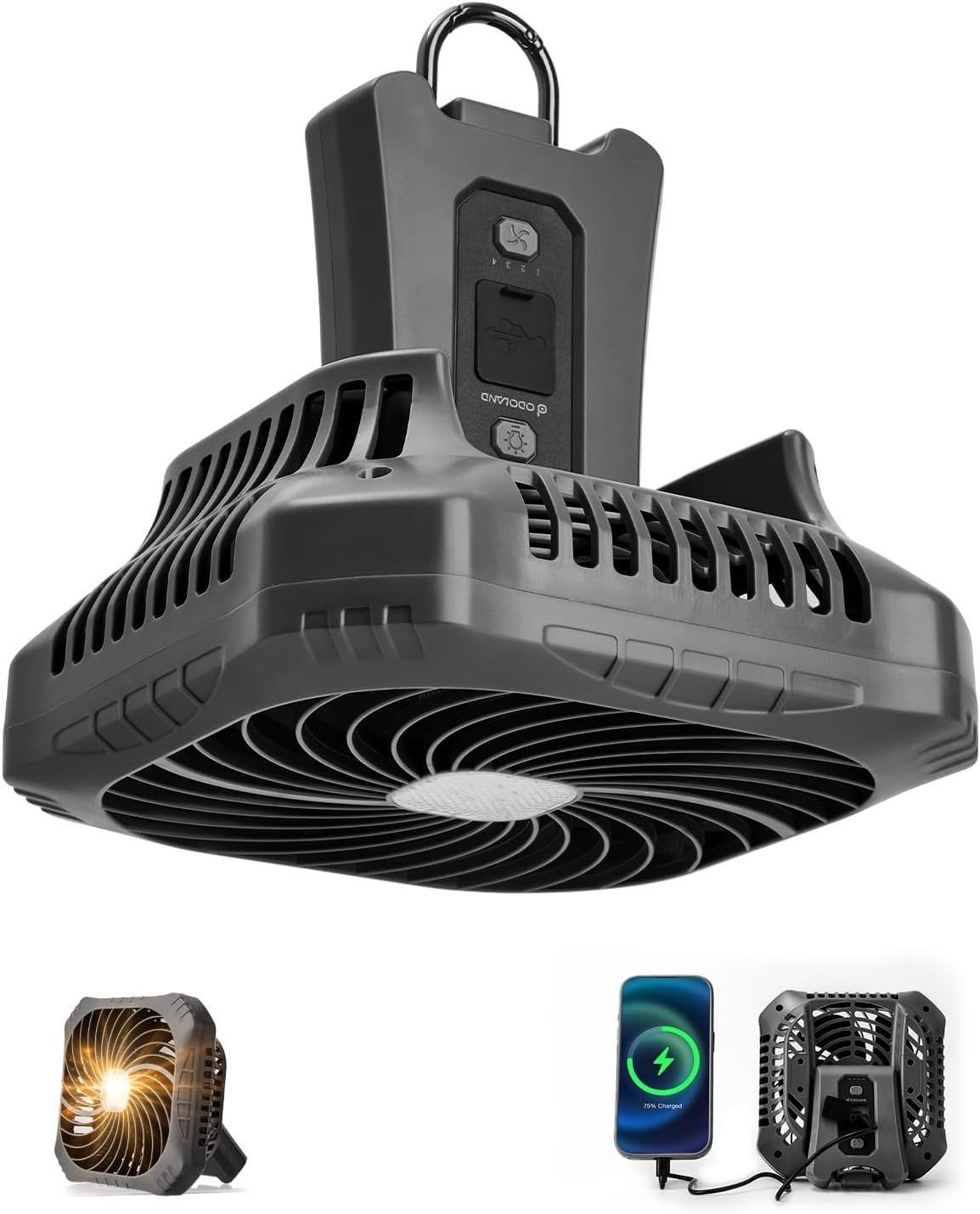 Odoland Portable Camping Fan with LED Lantern, 40H Rechargeable Battery Fan | Quiet Tent Fan with Hanging Hook for RV Car Beach Outdoor Hurricane Emergency Outages, 4-Speed Wind & 3-Color Light, Black