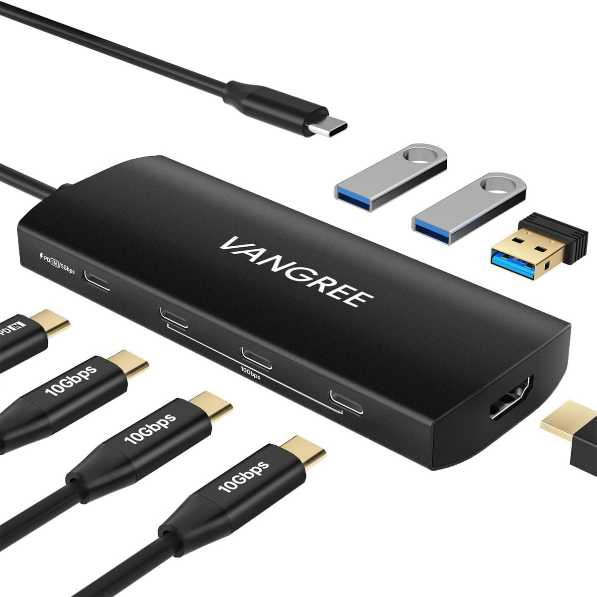 VANGREE USB C Hub 8 in 1, 3 USB-C+3 USB-A 3.2 10Gbps, 4K60Hz HDMI, 100W PD