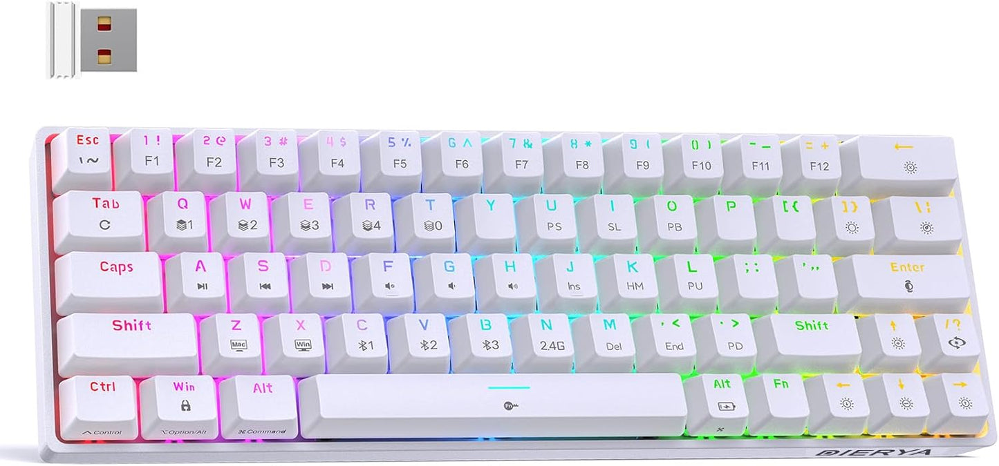 DIERYA DK63 60% Wireless Mechanical Gaming Keyboard | Bluetooth/2.4G/Wired Keyboard | RGB Backlit Compact 63 Keys Mini Office Keyboard | with Red Switch | for Windows Laptop PC Gamer Typist-White