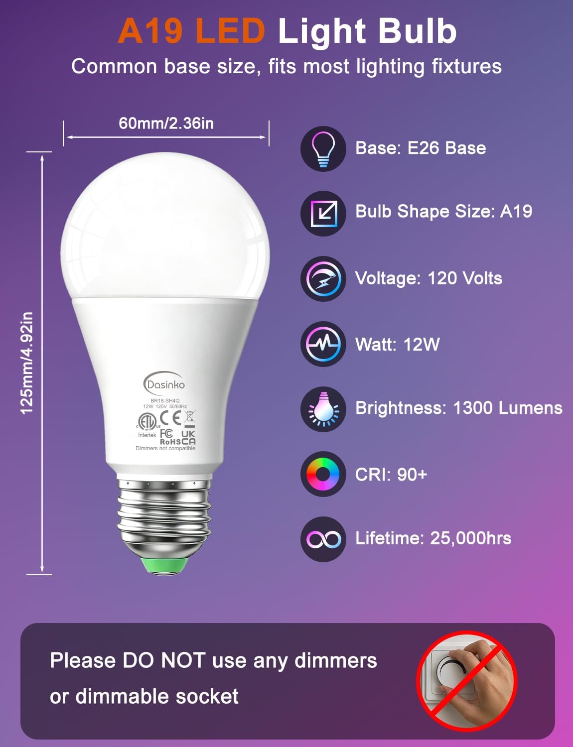Color Changing Light Bulb with Remote 12W A19 E26 LED Light Bulbs 4 Pack