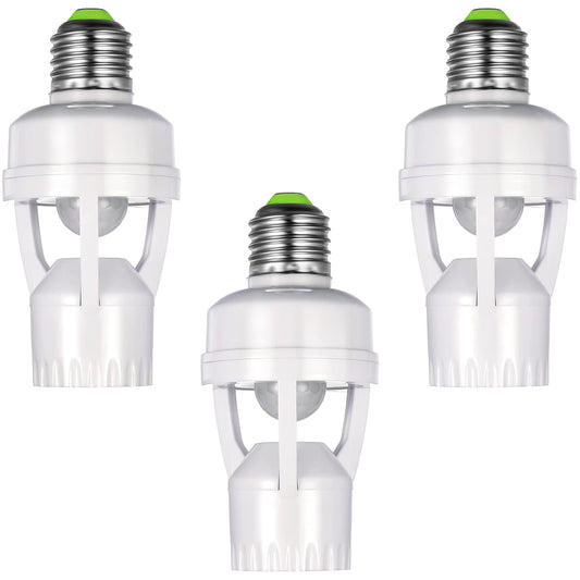 Hortsun 3 Pcs Motion Sensor Light Socket Smart Screw in Light Bulb Outlet Compatible with E26/e27 Motion Activated Bulb Holder Adapter Automatic Control for Porch Garage Storage Room (White)