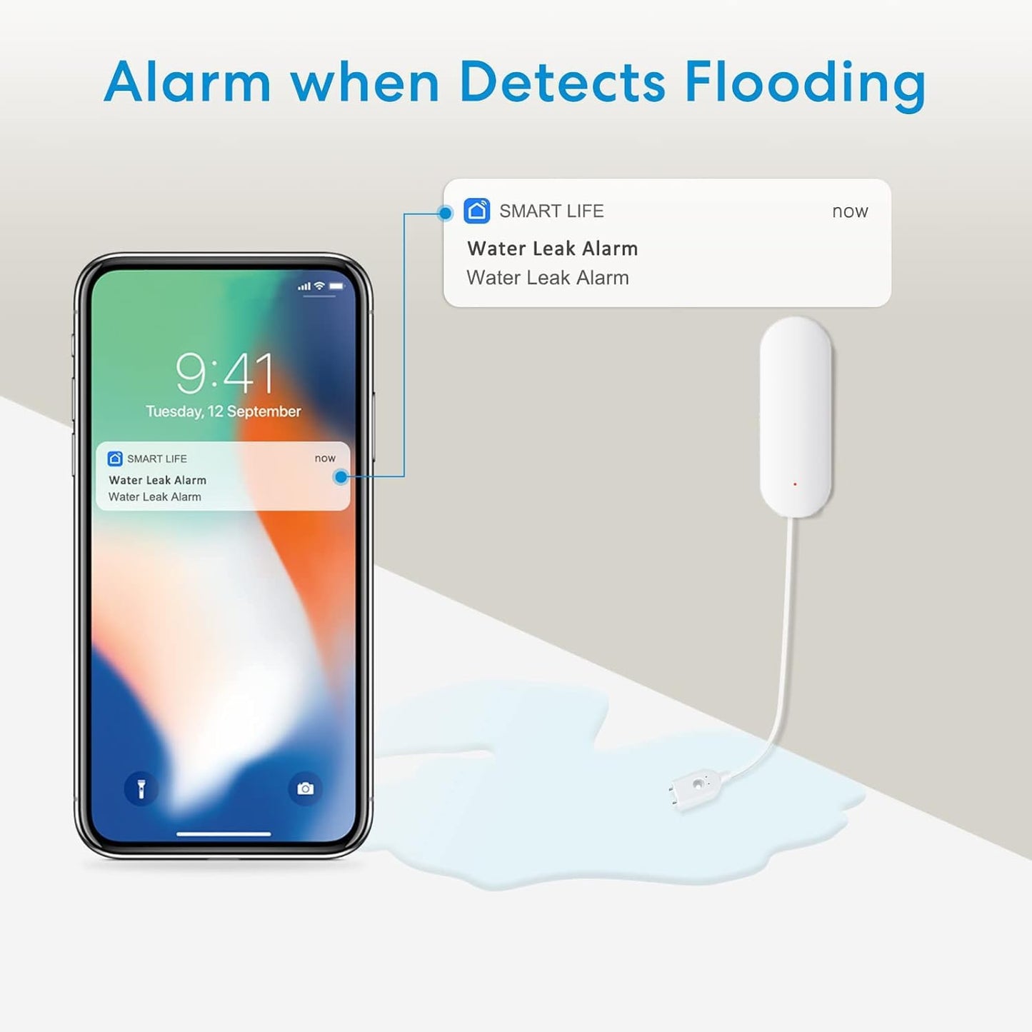 UseeLink WiFi Water Sensor, Smart Water Leak Detector, 100dB Adjustable Alerts &amp; App Smart Push, IP67 Waterproof, Wireless Detector for Kitchen, Bathroom, Basement, No Hub Required