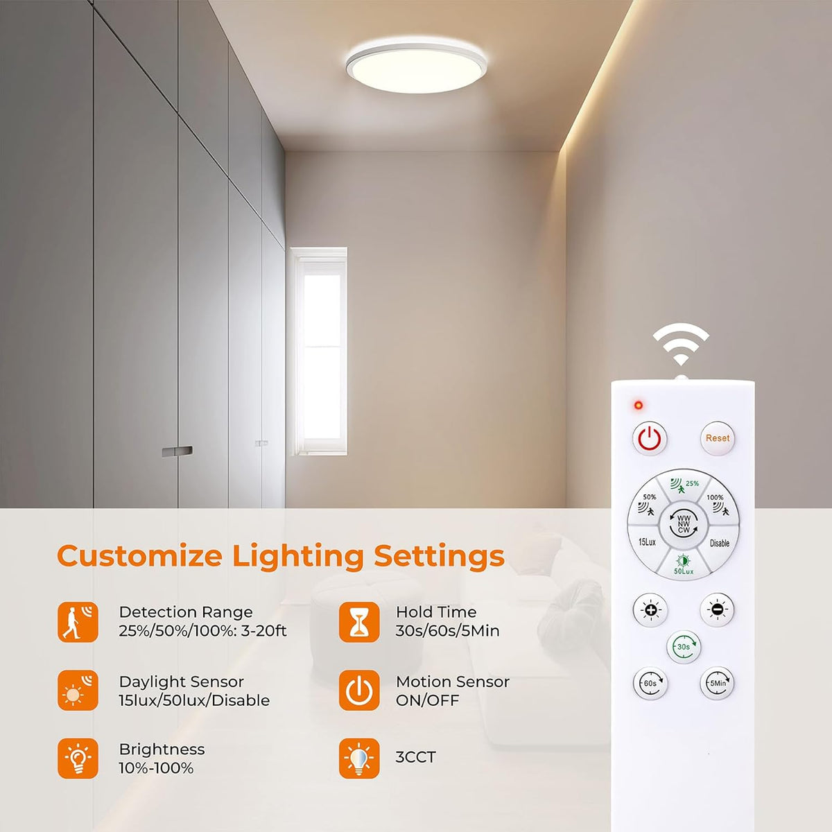 Matane Motion Sensor LED Ceiling Light with Remote, 12 Inch Wired Flush Mount Light 3000K 4000K 5000K, 2400LM Dimmable Motion Sensor Light Indoor for Closet Hallway Laundry Stairs White New Version