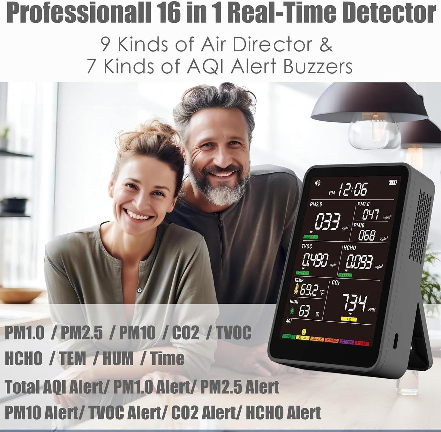 16-in-1 Indoor Air Quality Monitor, High-Precision Multi-Parameter Smart Air Quality Tester with HD Real-Time Color Screen, Portable Air Quality Monitor for Home, Office