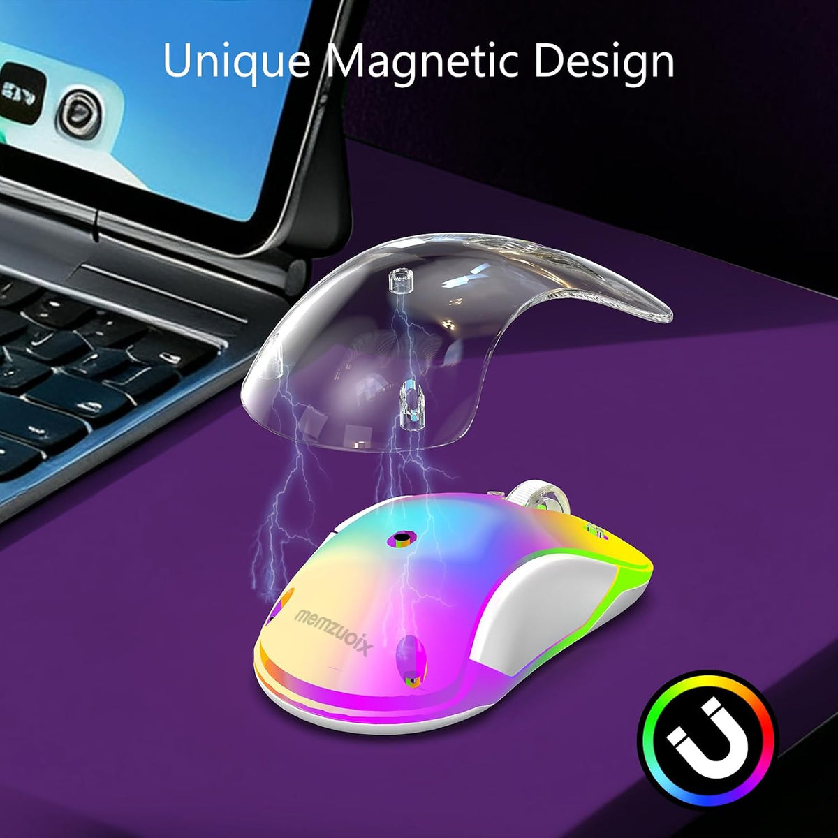 memzuoix 2.4G Wireless Mouse with Customizable Cover & 9-Color LED - Rechargeable Ergonomic, 1400 DPI, 5 Buttons, USB Receiver for PC/Mac - Purple