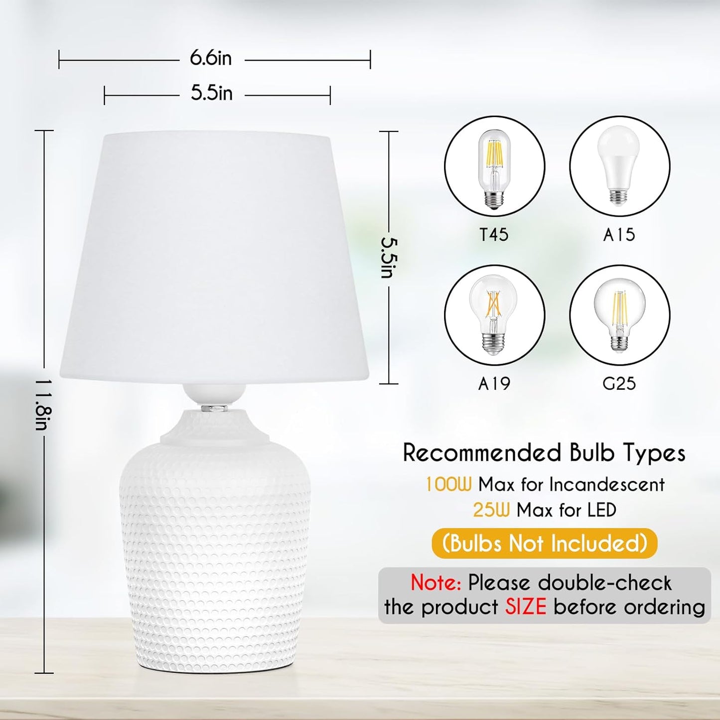 11.8’’ Small Table Lamps Set of 2 for Bedroom Kid’s Room Home Office, White | Cute & Unique, Perfect for Bedside Nightstand Desk Nursery Reading, Fabric Shade