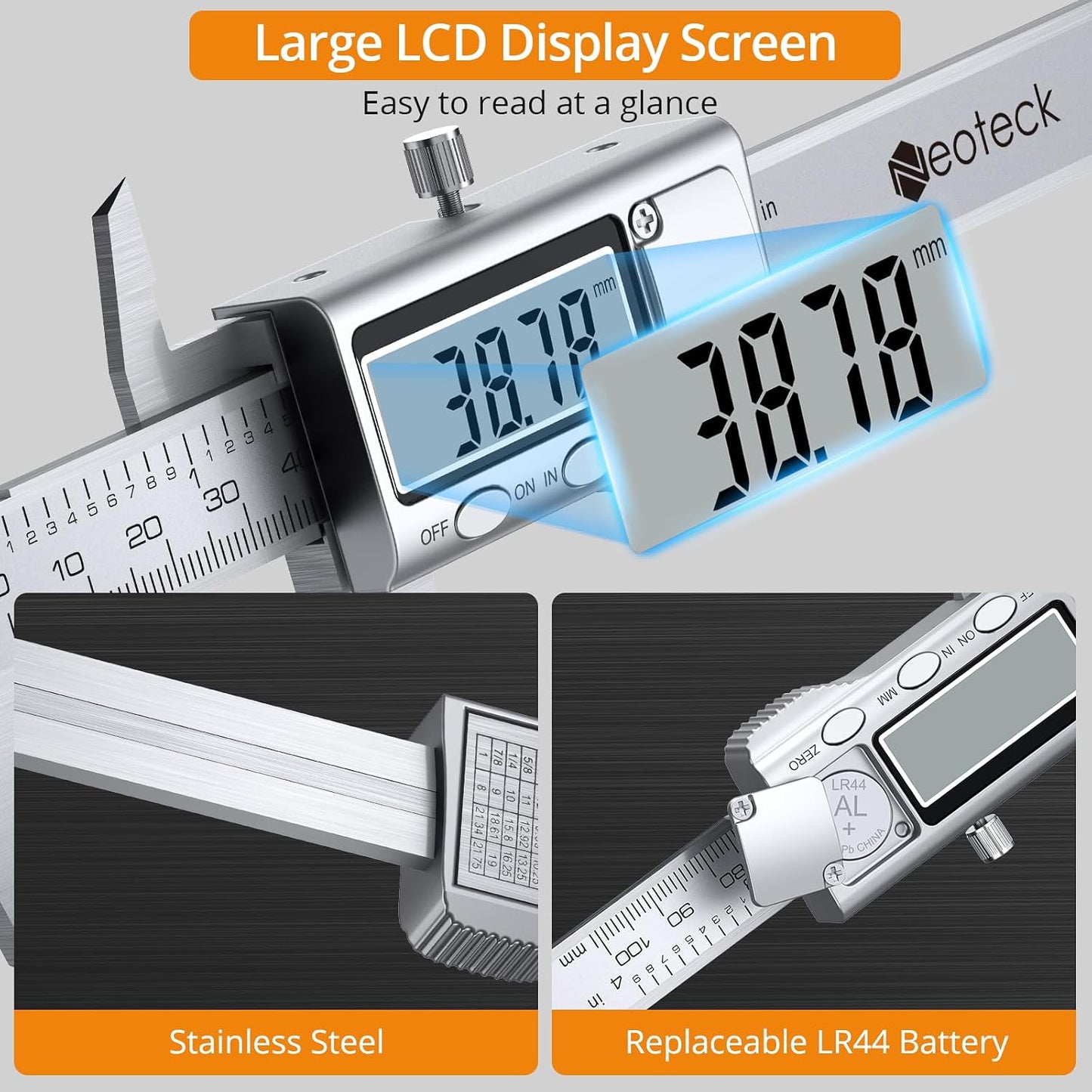 Neoteck 4 inch/100mm Digital Caliper, Stainless Steel Metal Mini Caliper | Electronic Calipers Measuring Tool with inch/mm Conversion, Large LCD Screen for Jewelry,Thickness/Dimensional Measurement