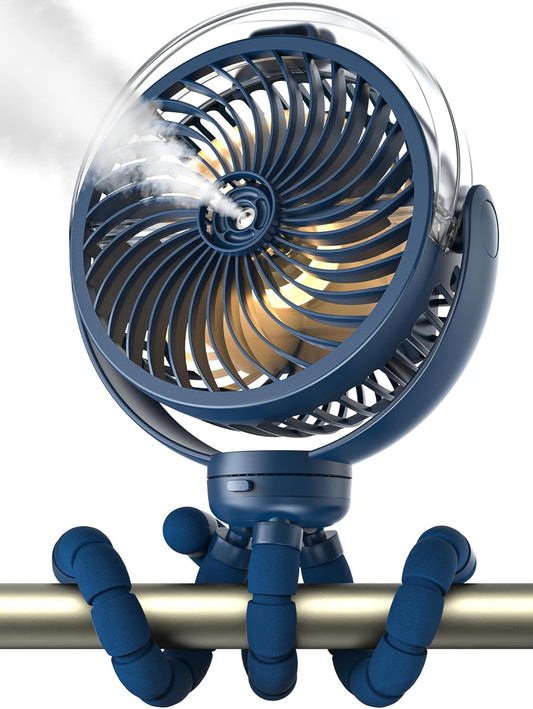 Misting Stroller Fan, 6000mAh Battery Operated Portable Fan with Light & 360° Pivoting, Personal Cooling Fans with Flexible Tripod for Baby, Office, Travel,Treadmill,Outdoors (Dark Blue)