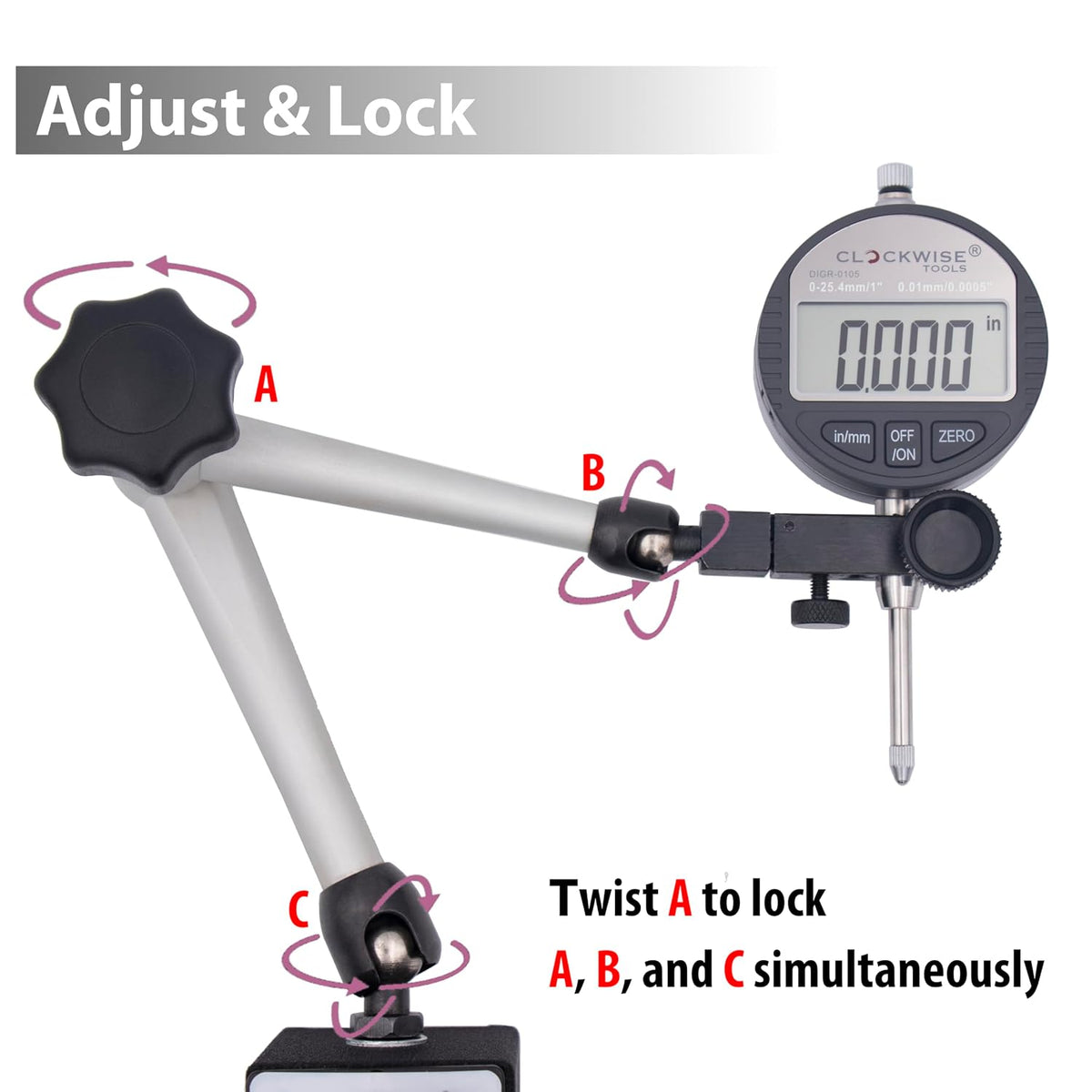 Digital Indicator with Magnetic Base Holder Stand, DIBR-0105 0-1 Inch/25.4mm, Inch/Metric Conversion, Auto Off