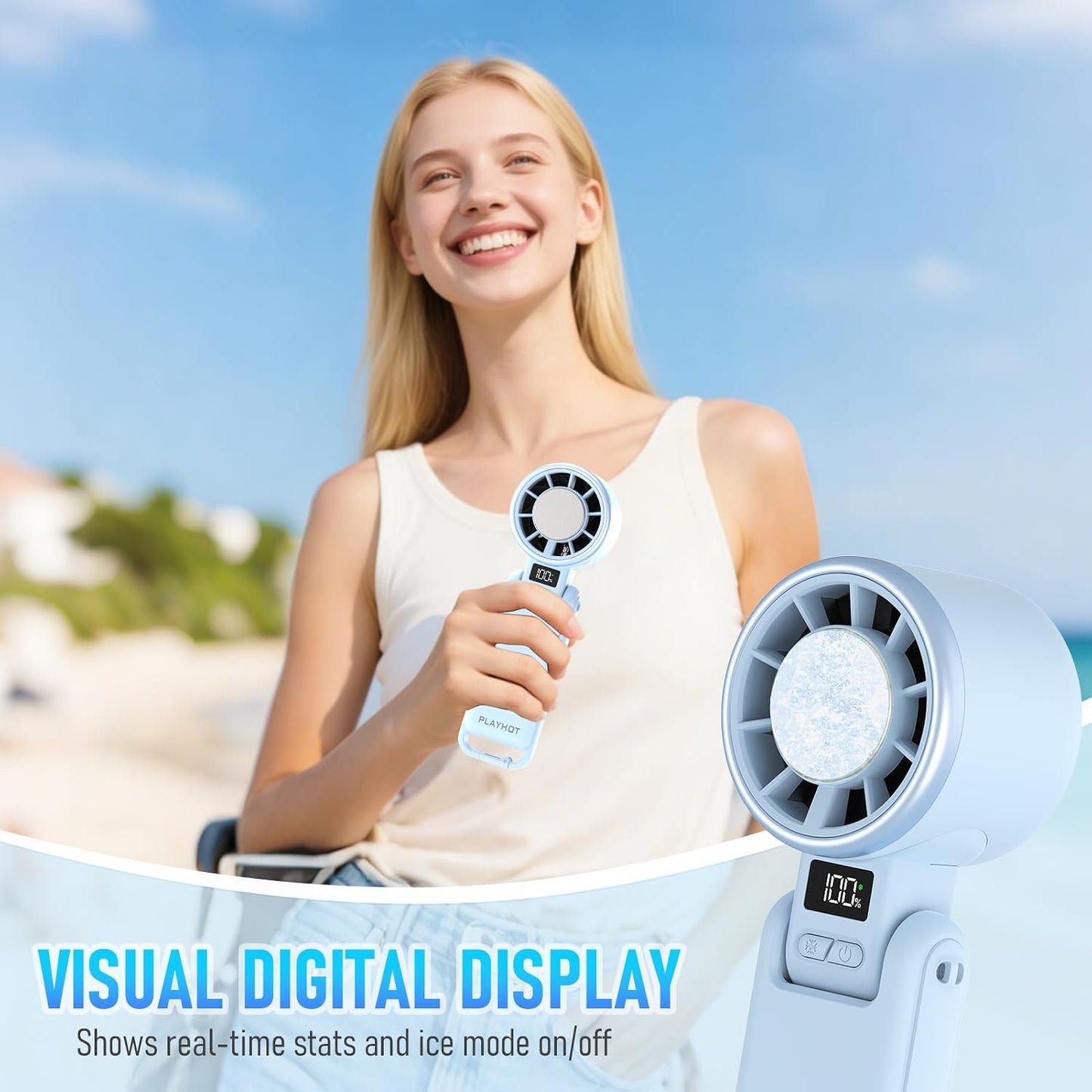 PlayHot Portable Handheld Cooling Fan, Travel Essentials, Gifts for Women | Instant Cooling, 10m/s Airflow, 5-Speed, 10H Max, USB-C Rechargeable, LED Display, 3-in-1 Foldable for Cruise, Beach Vacation